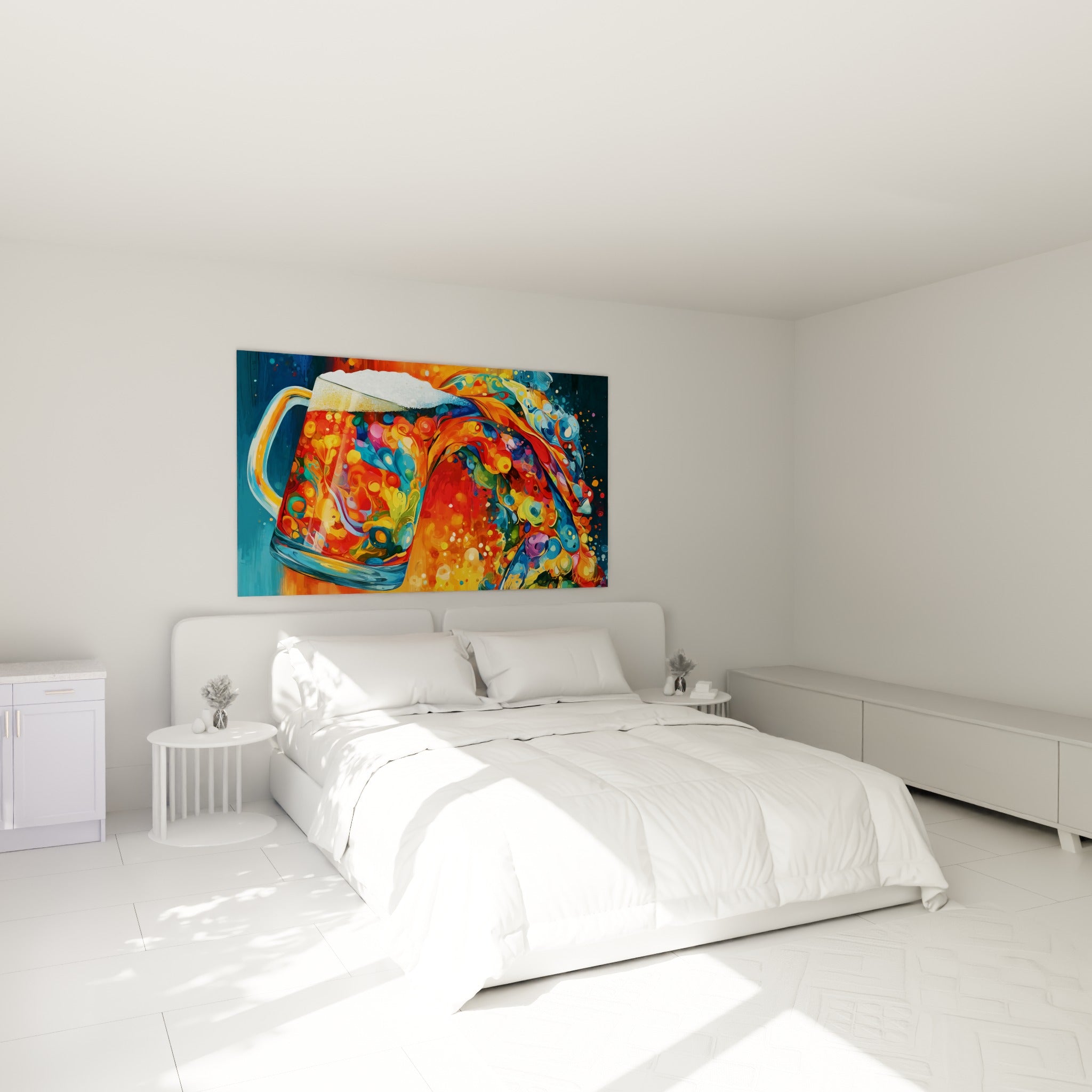 Éclaboussure de bière turquoise et orange accrochée au-dessus d'un lit dans une chambre claire