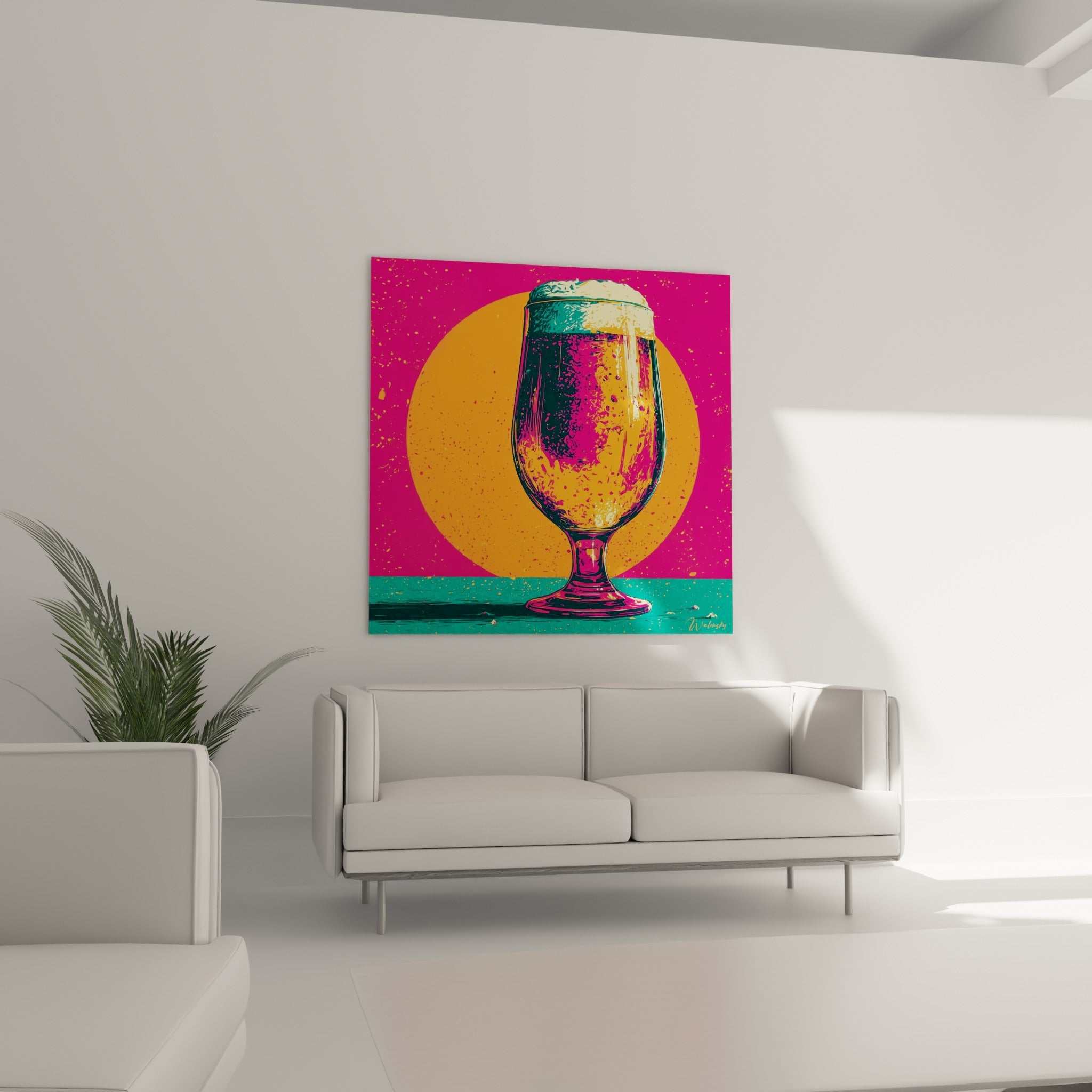 Verre à bière débordant de mousse crémeuse, tons orange et rose vif, au-dessus d'un canapé dans un salon lumineux