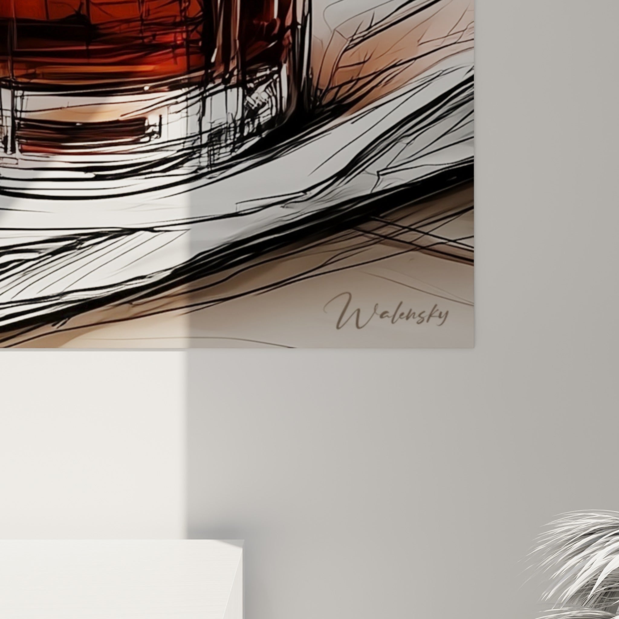 Empâtements ambrés et traits noirs griffonnés visibles de près sur la toile du verre de bière
