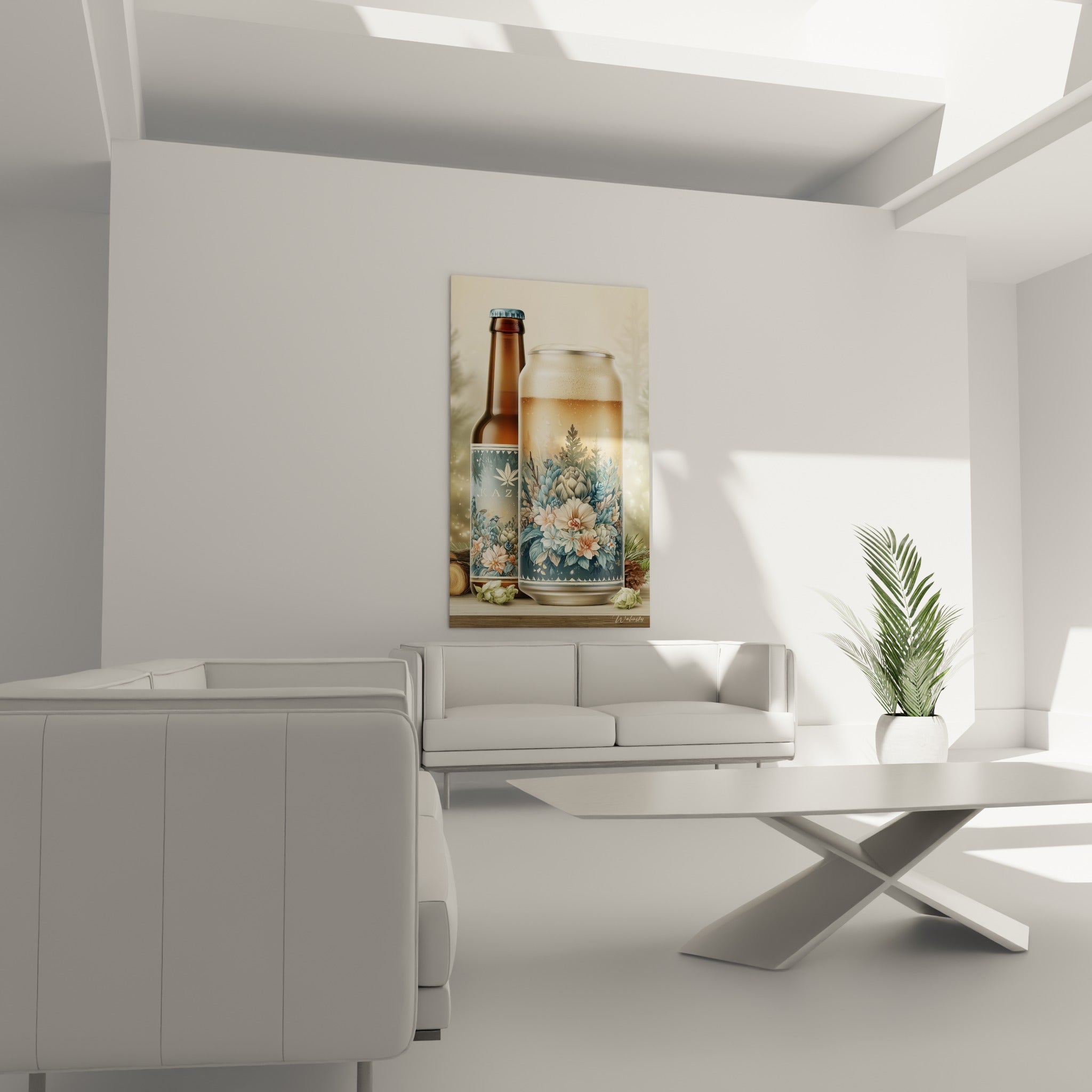 Bouteille brune et canette translucide aux étiquettes florales pastel, au-dessus d'un canapé dans un salon lumineux