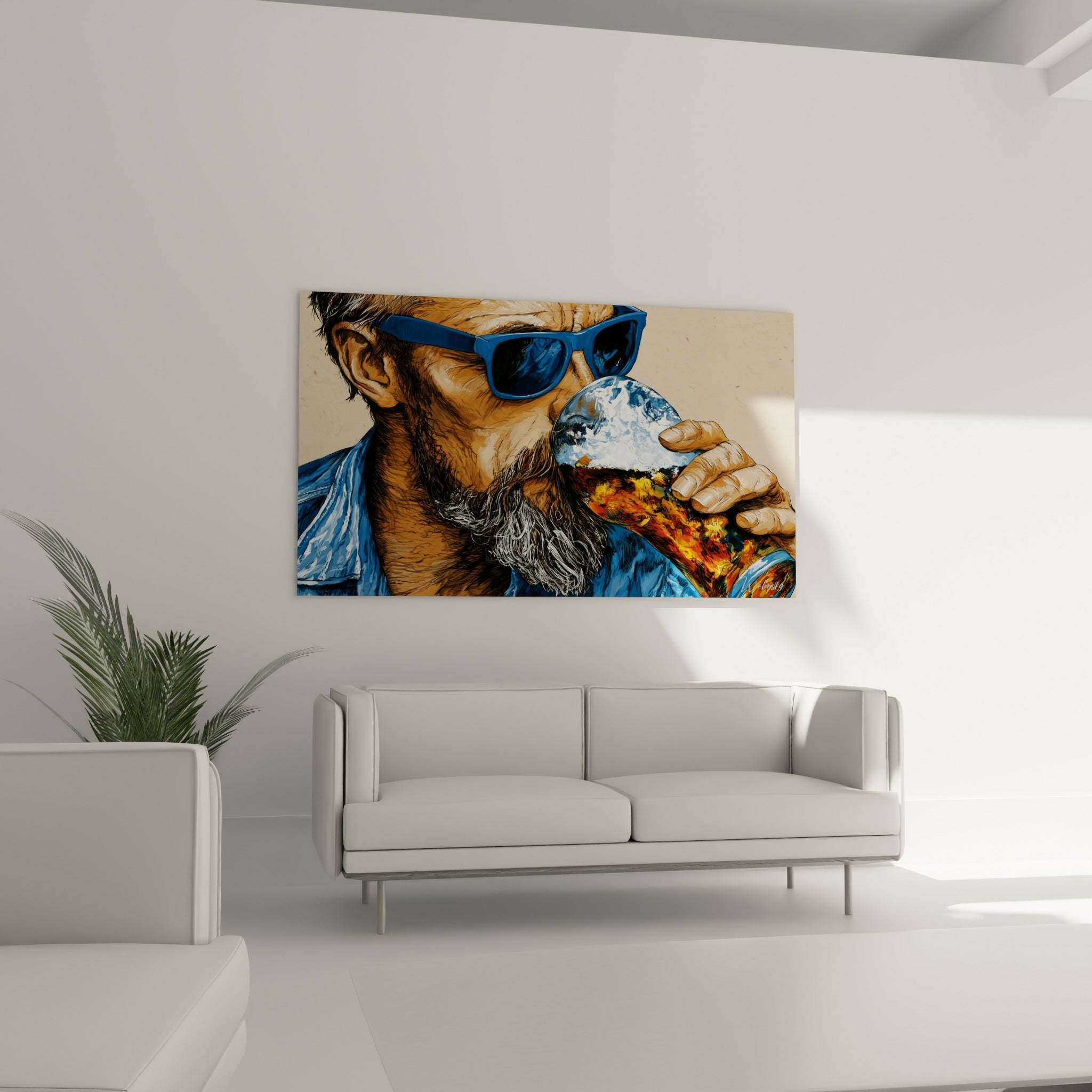 Personnage buvant une bière fauve aux reflets dorés, au-dessus d'un canapé dans un salon lumineux