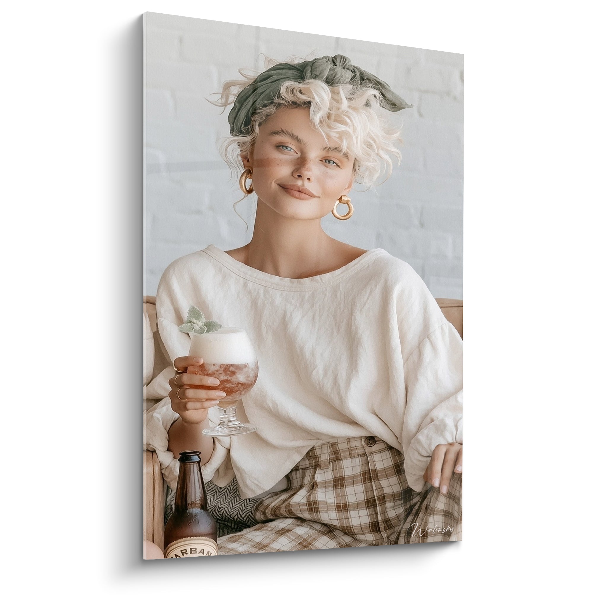 Jeune femme au foulard vert sauge tenant un verre de bière mousseuse et une bouteille brune
