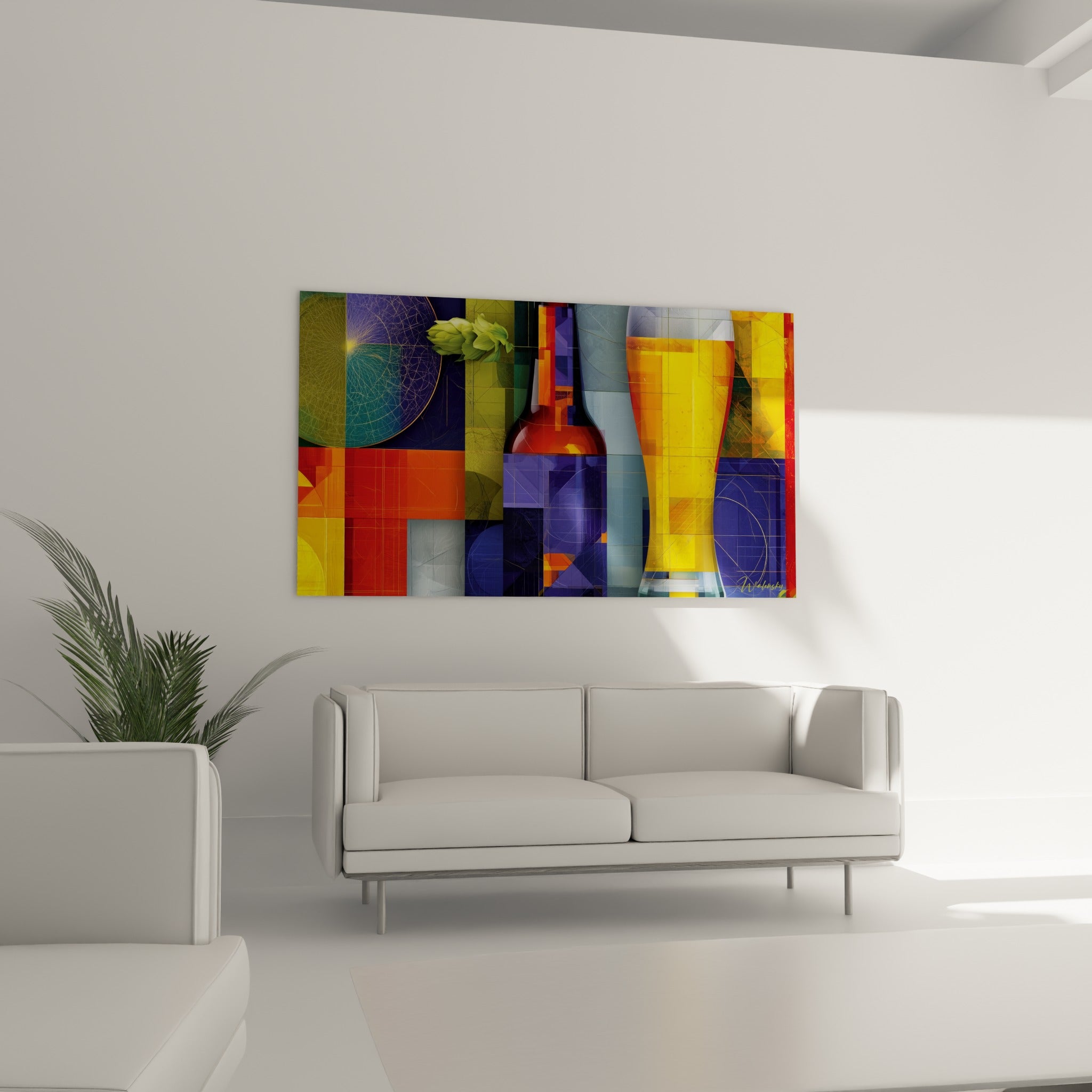 Verre de bière doré et bouteille rouge cuivré parmi des blocs colorés, au-dessus d'un canapé dans un salon lumineux