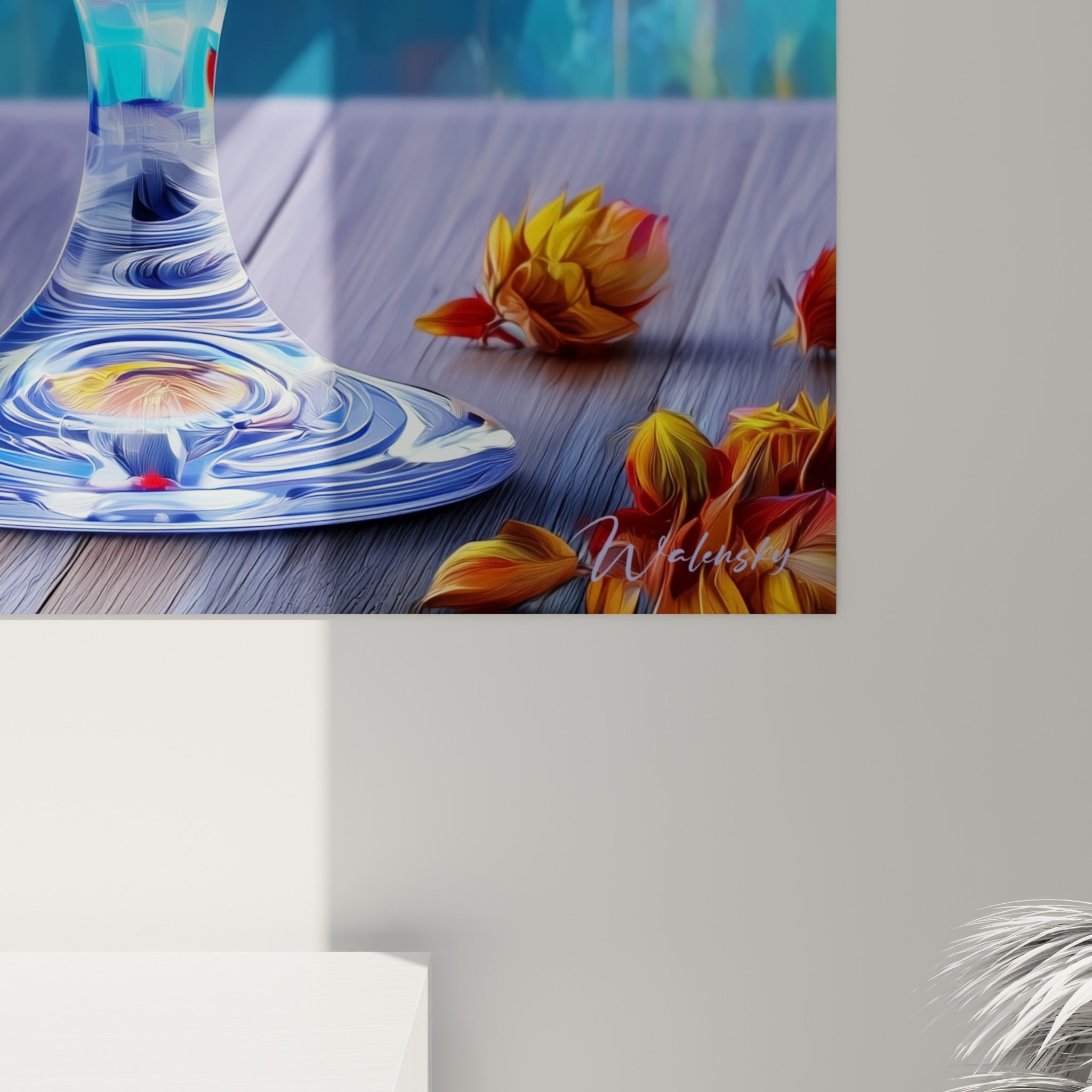 Empâtements orangés et bleus du verre de bière, grain de peinture visible sur la toile accrochée