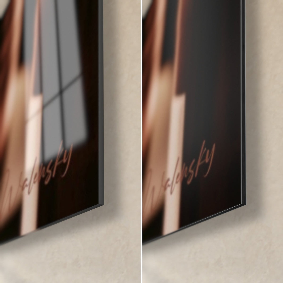 Tableau buveur barbu à la chope ambrée, coin bas droit : verre acrylique brillant aux reflets à gauche, alu Dibond mat noir à droite