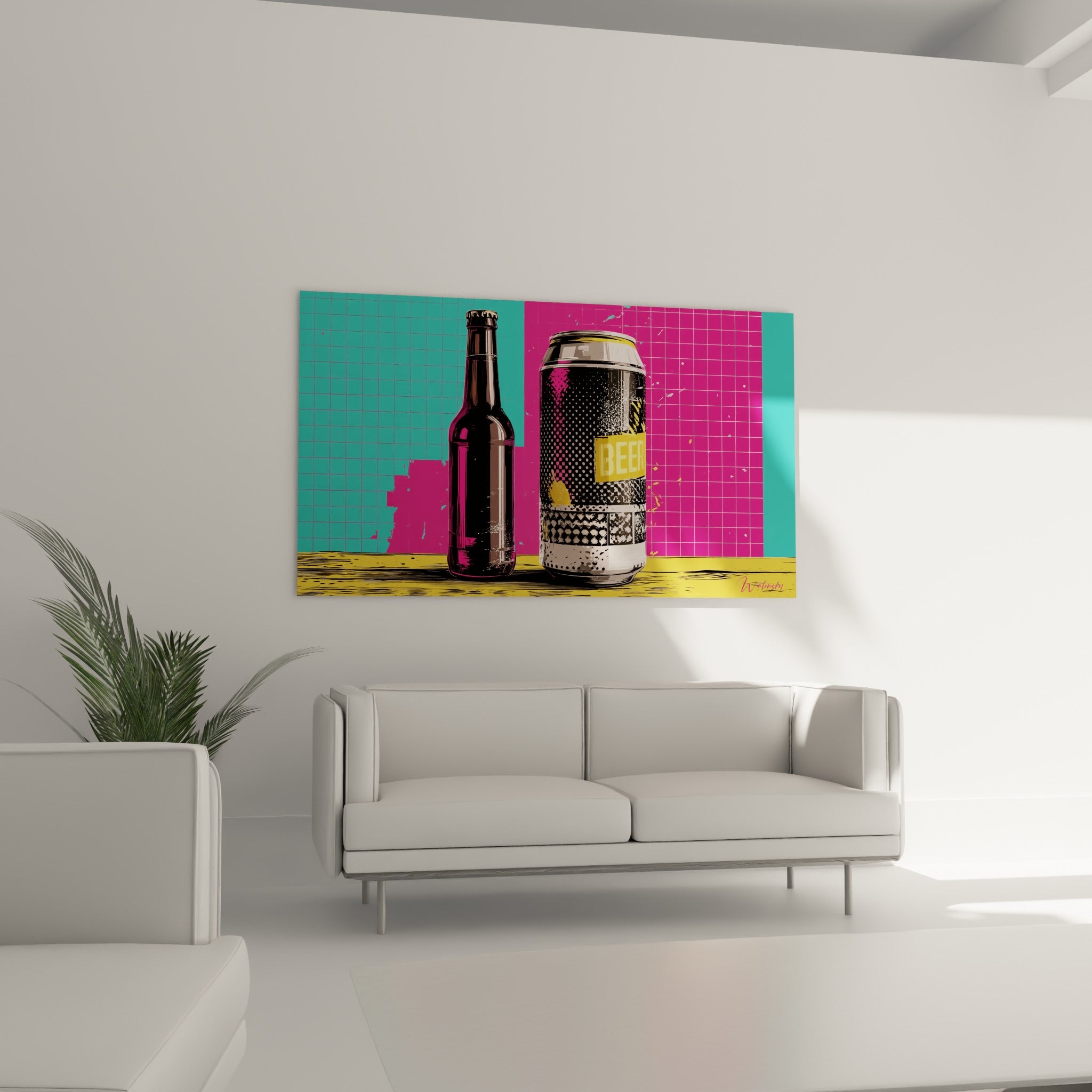 Bière stylisée en rose fuchsia et jaune moutarde sur fond graphique, au-dessus d'un canapé dans un salon lumineux