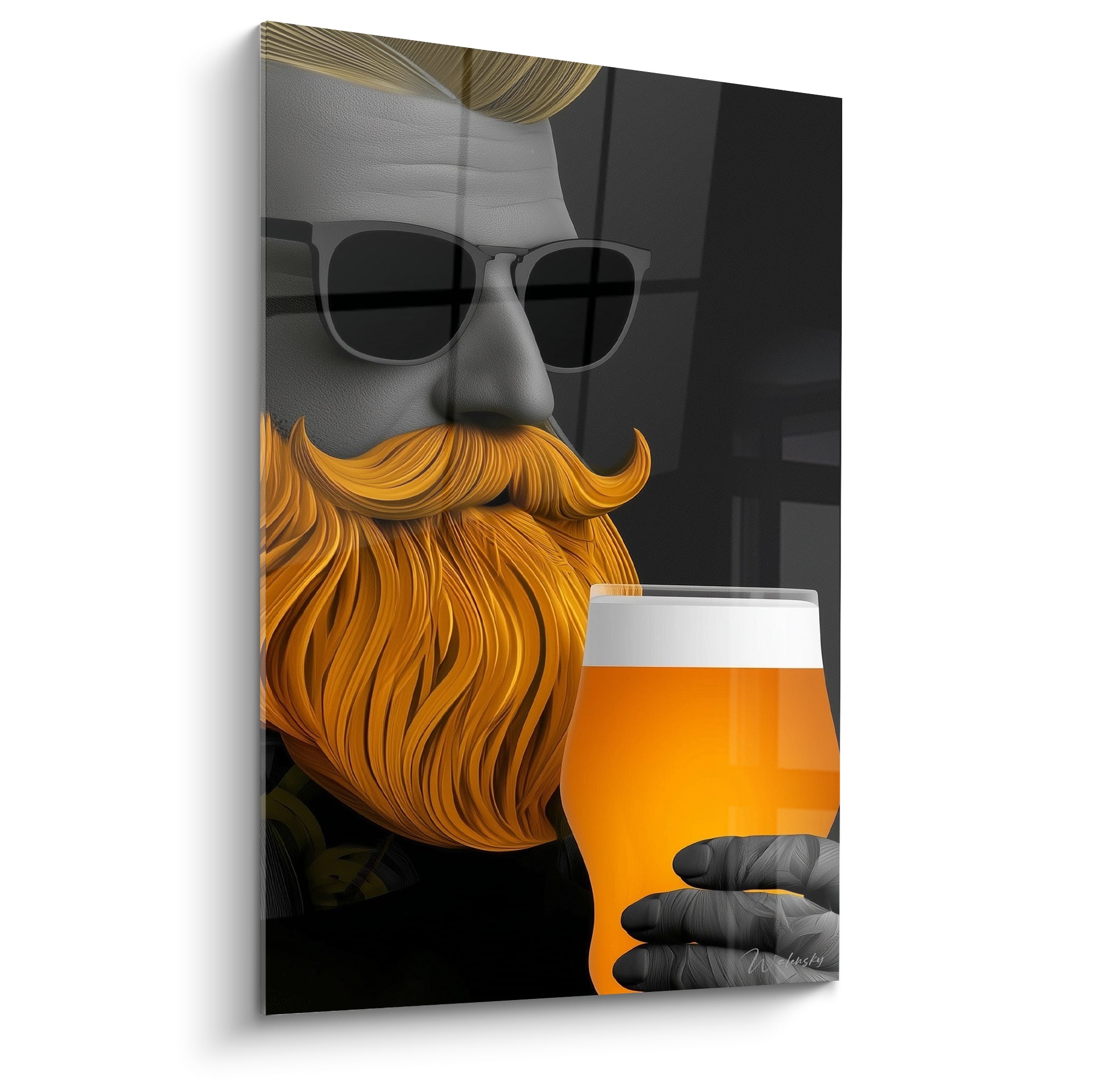 Homme barbu gris tenant un verre de bière ambré, contraste anthracite et orange intense