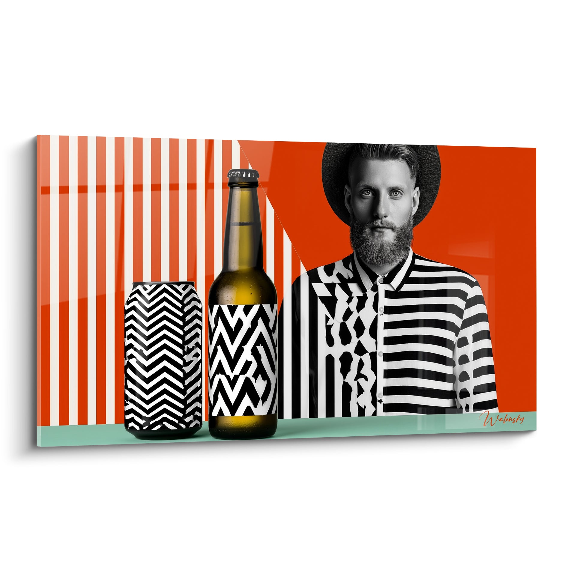 Homme barbu en noir et blanc face à chevrons orange et vert menthe sur ce tableau bière