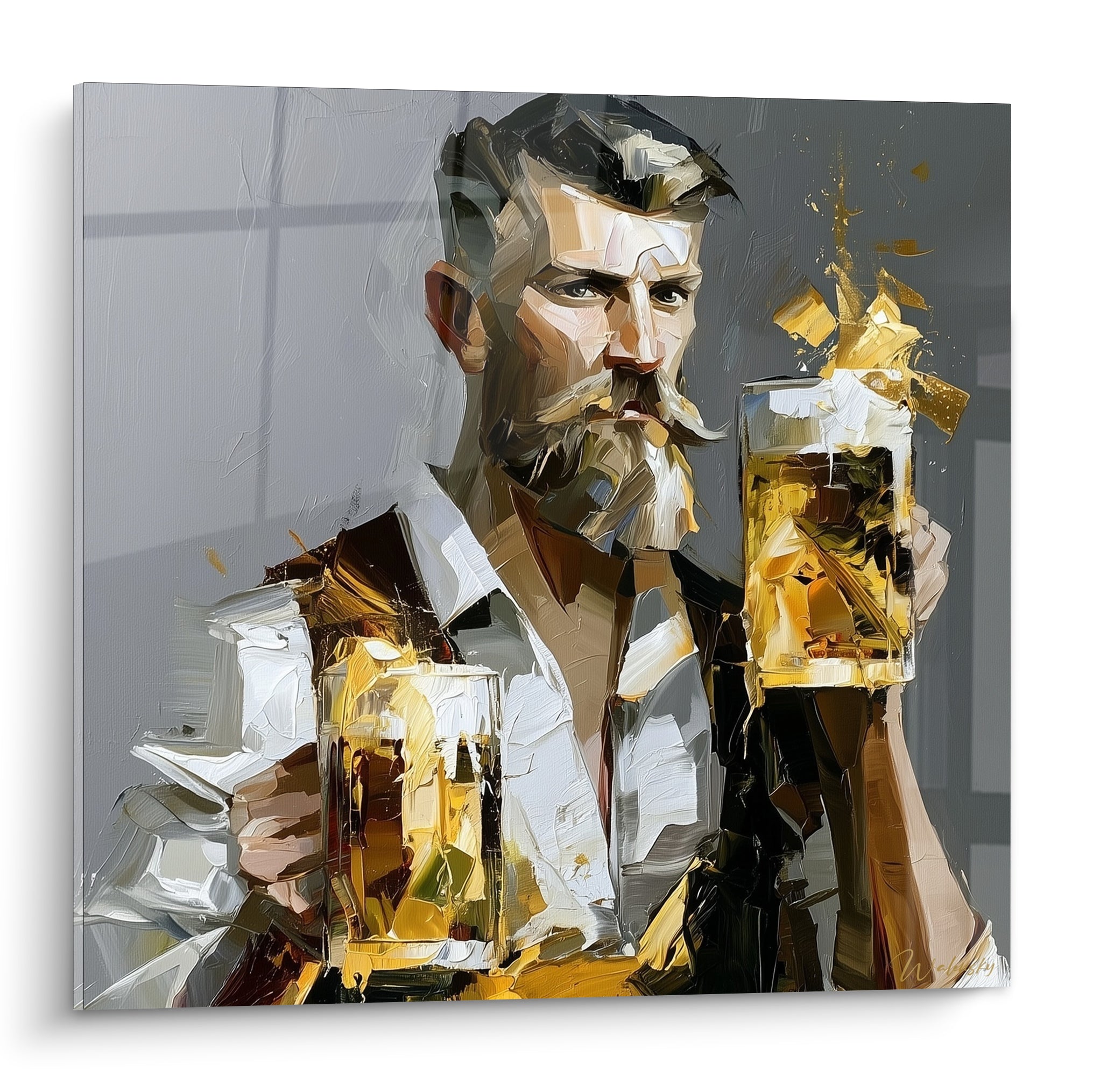 Portrait d'homme barbu tenant deux chopes de bière dorées sur fond gris anthracite texturé