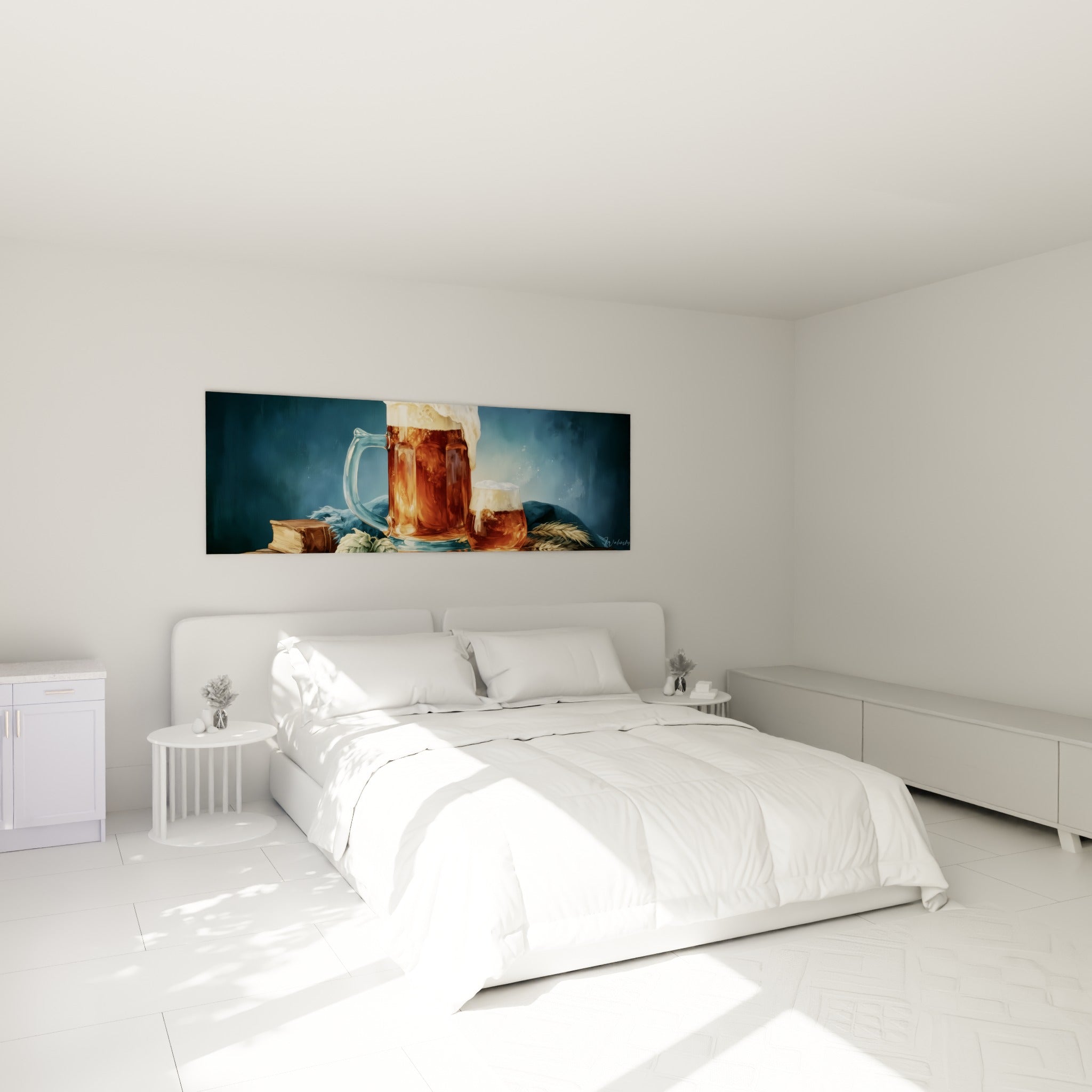 Bière ambrée moussante et houblon doré, tableau accroché au-dessus d'un lit dans une chambre claire
