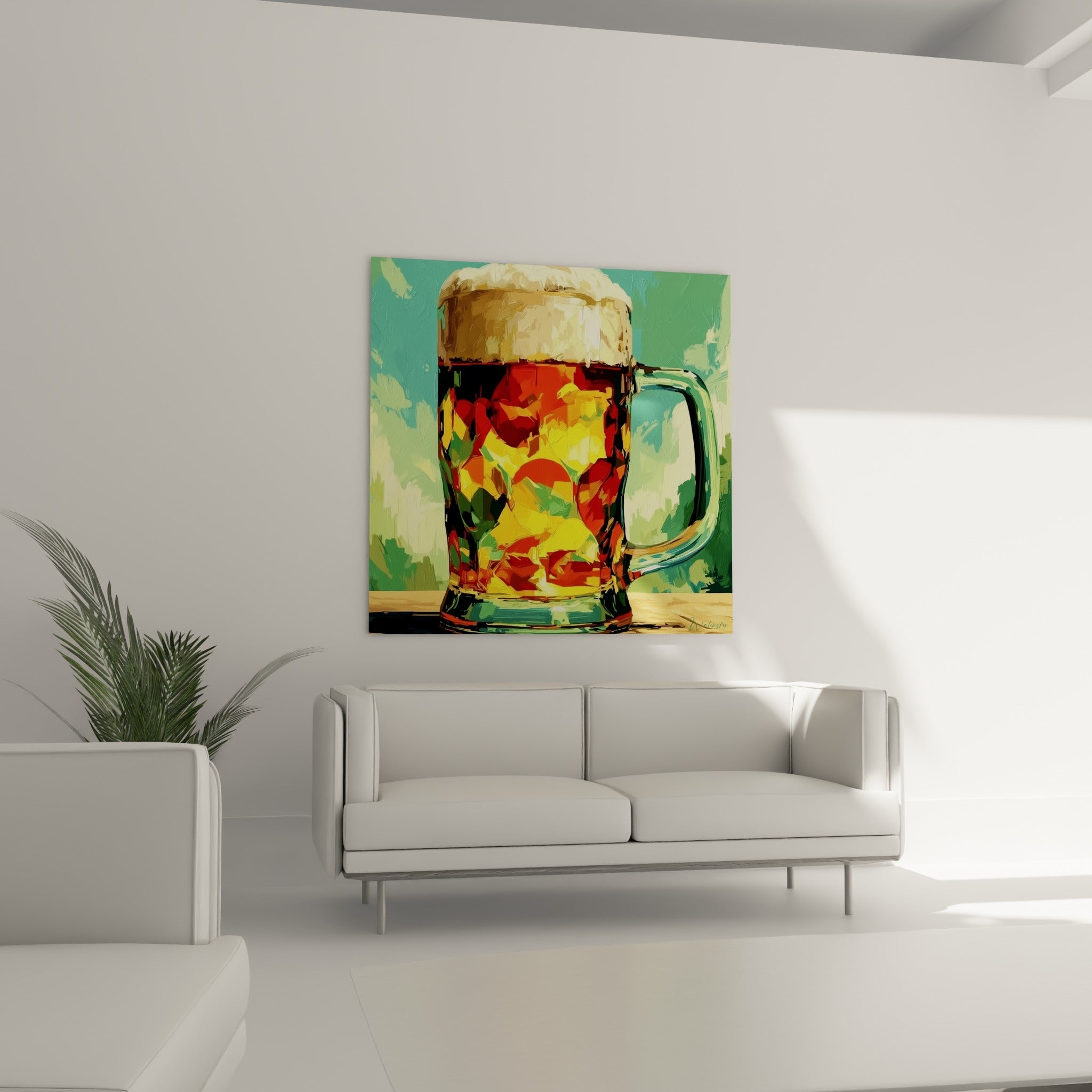 Liquide ambré aux reflets rouges et jaunes au-dessus d'un canapé dans un salon lumineux