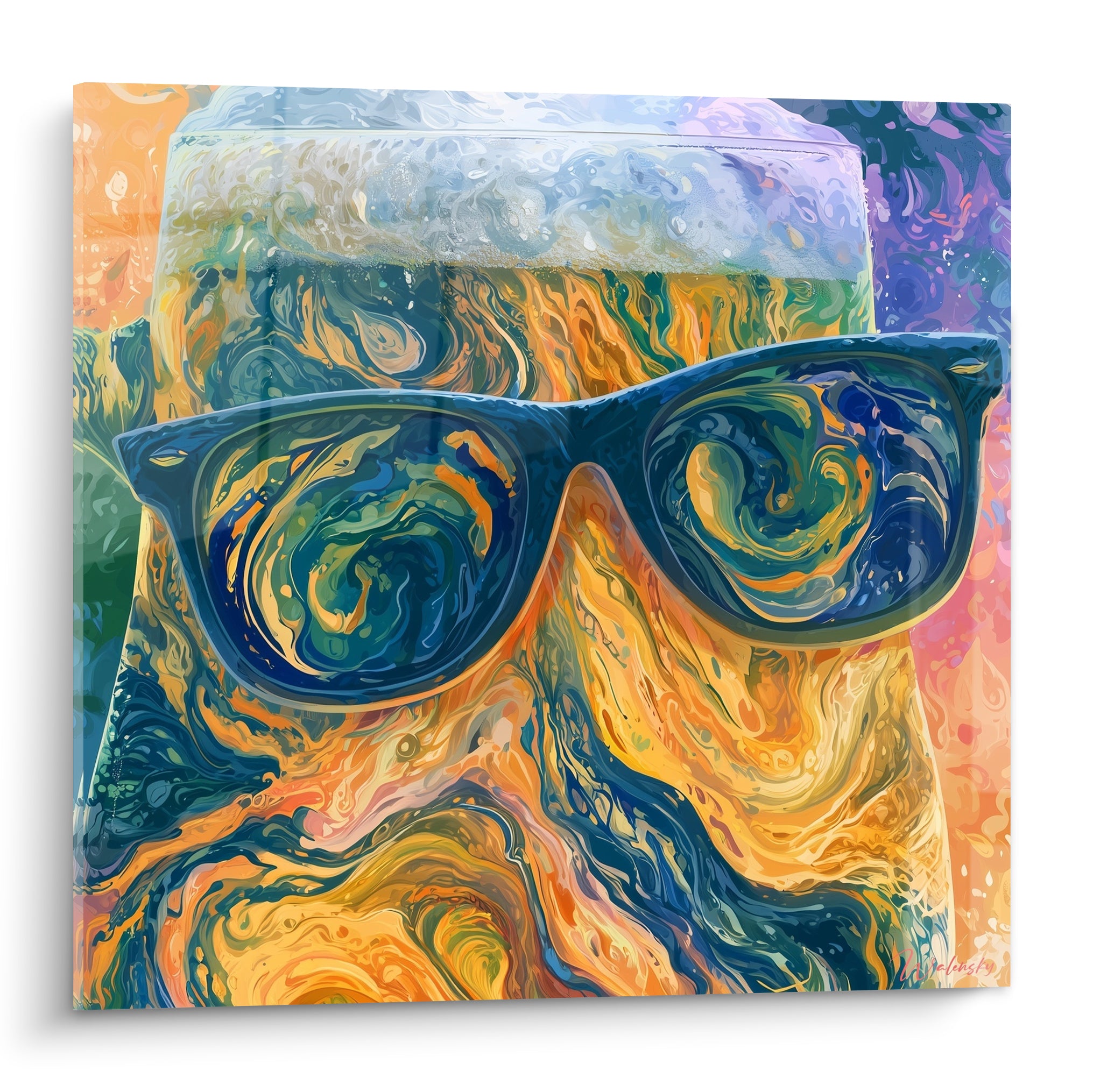 Chope de bière stylisée en lunettes bleu marine et tourbillons dorés sur fond pastel