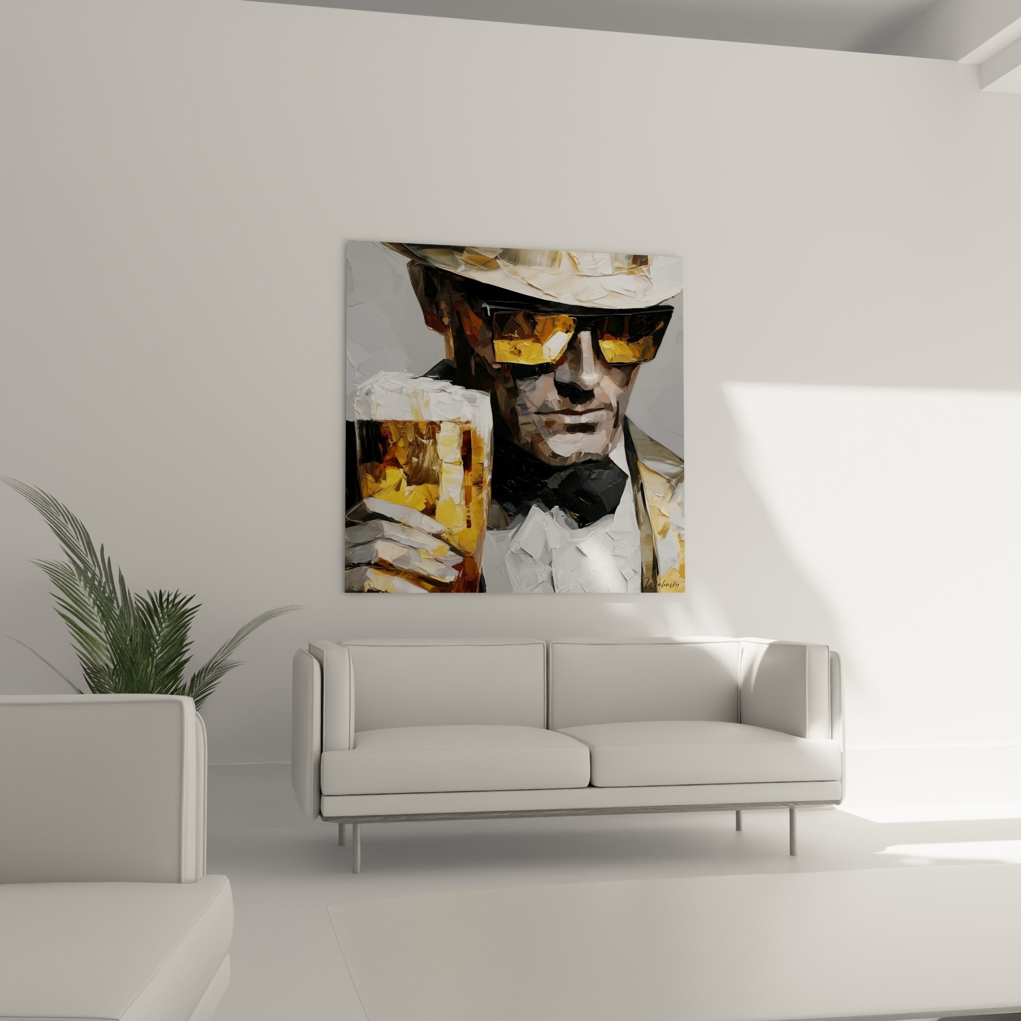 Homme aux lunettes fumées tenant une bière dorée, palette anthracite et blanche, au-dessus d'un canapé dans un salon lumineux