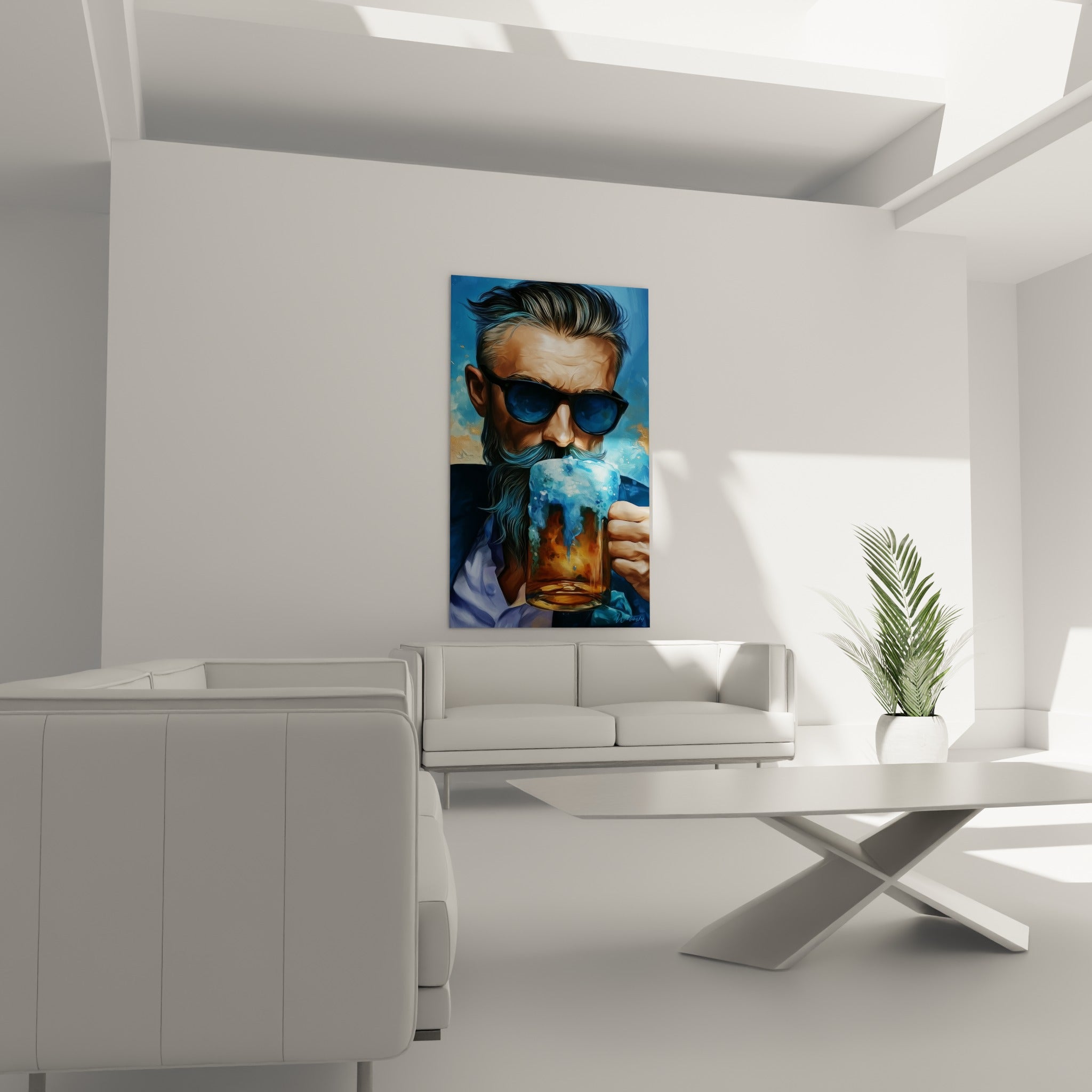 Personnage barbu aux mèches turquoise dégustant une bière dorée, au-dessus d'un canapé dans un salon lumineux
