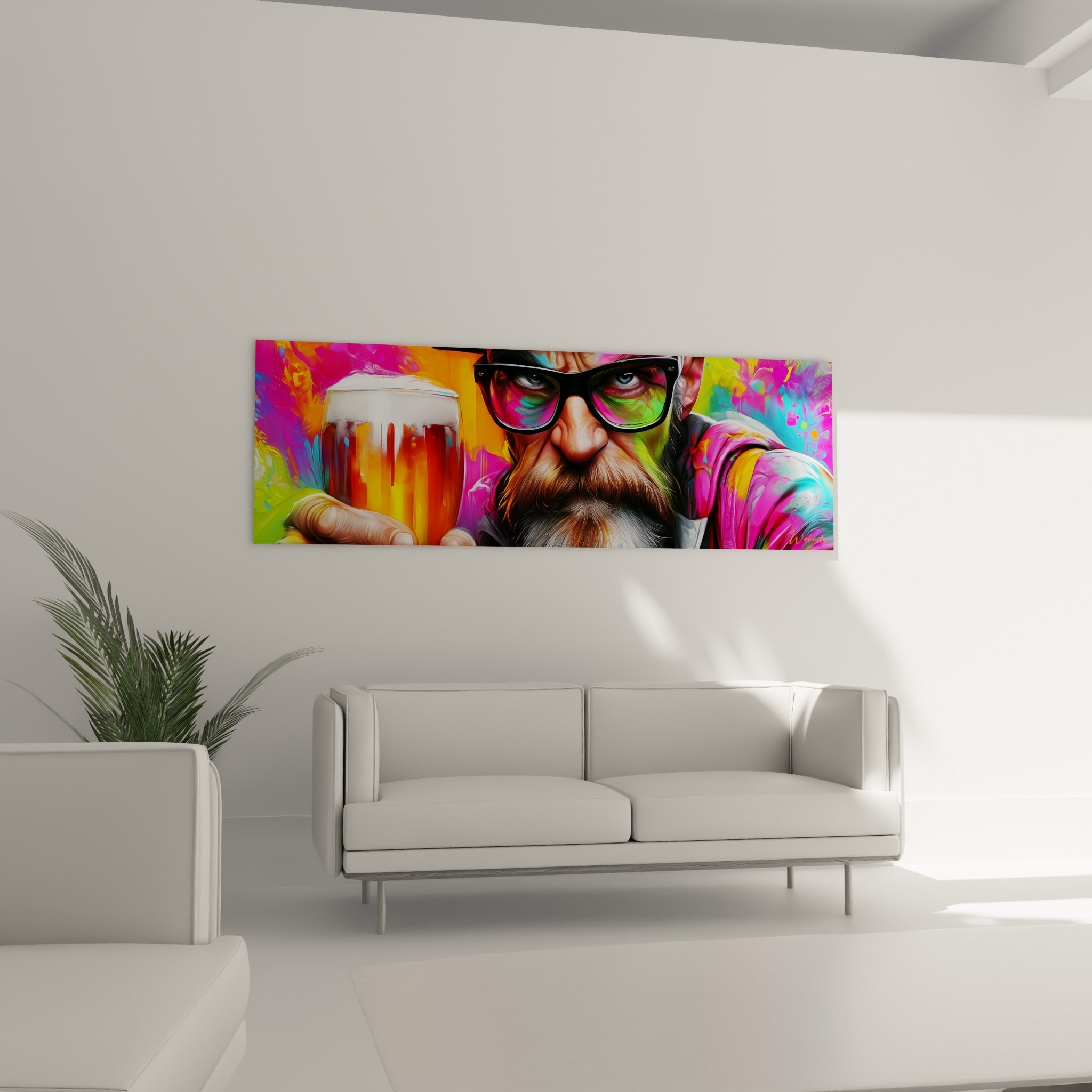 Personnage haut en couleur brandissant une chope dorée au-dessus d'un canapé dans un salon lumineux