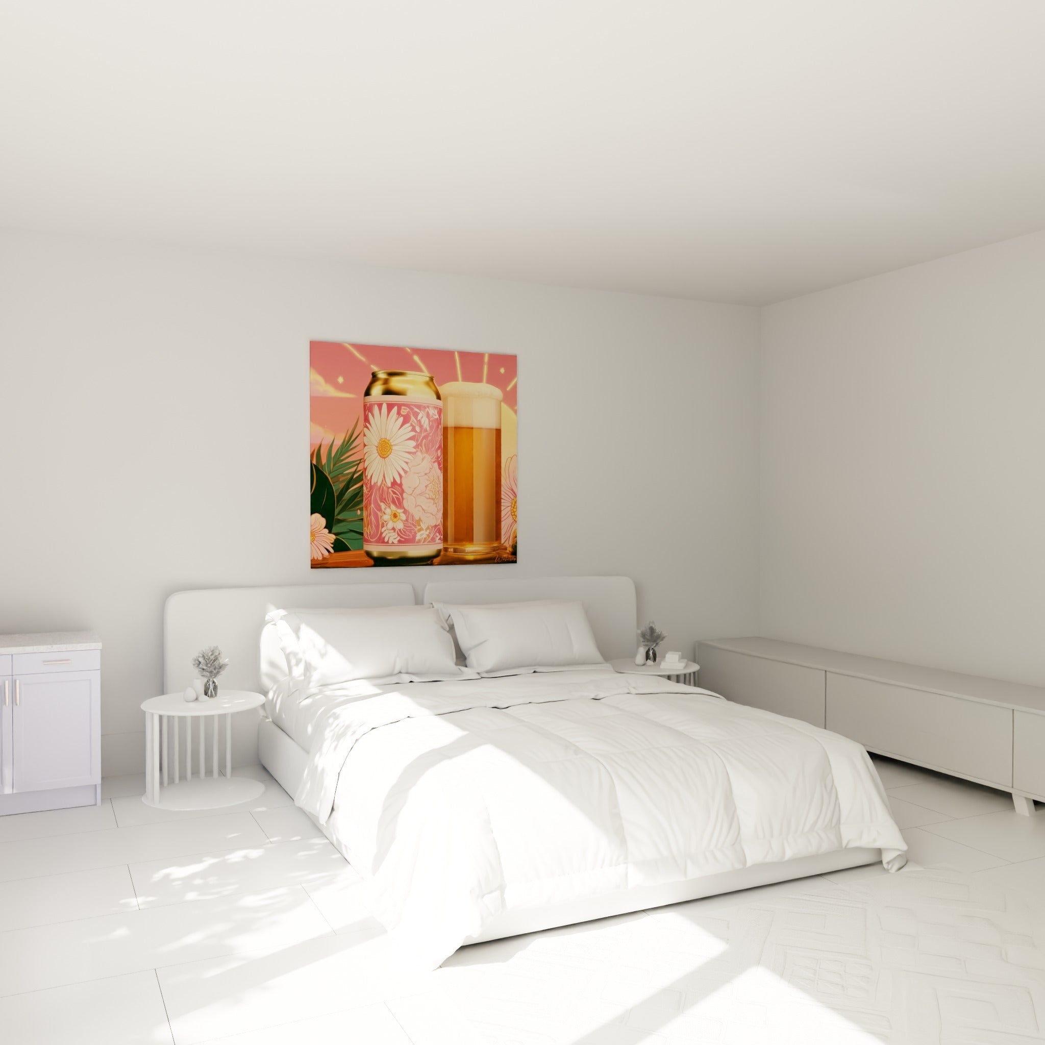 Marguerites blanches et canette dorée illuminées de rose, au-dessus d'un lit dans une chambre claire