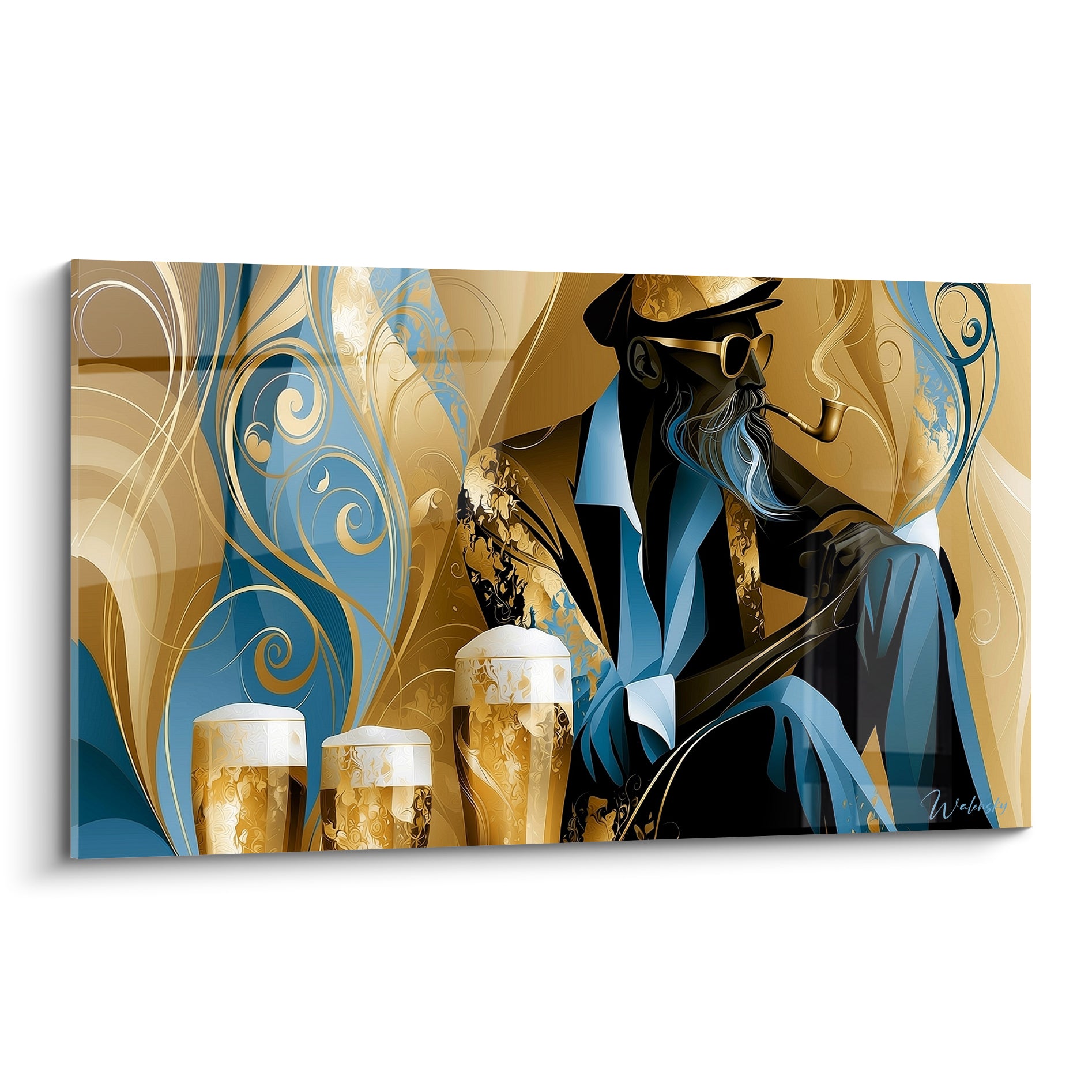 Vieux marin en tableau Bière doré et bleu, pipe à la bouche devant trois chopes mousseuses