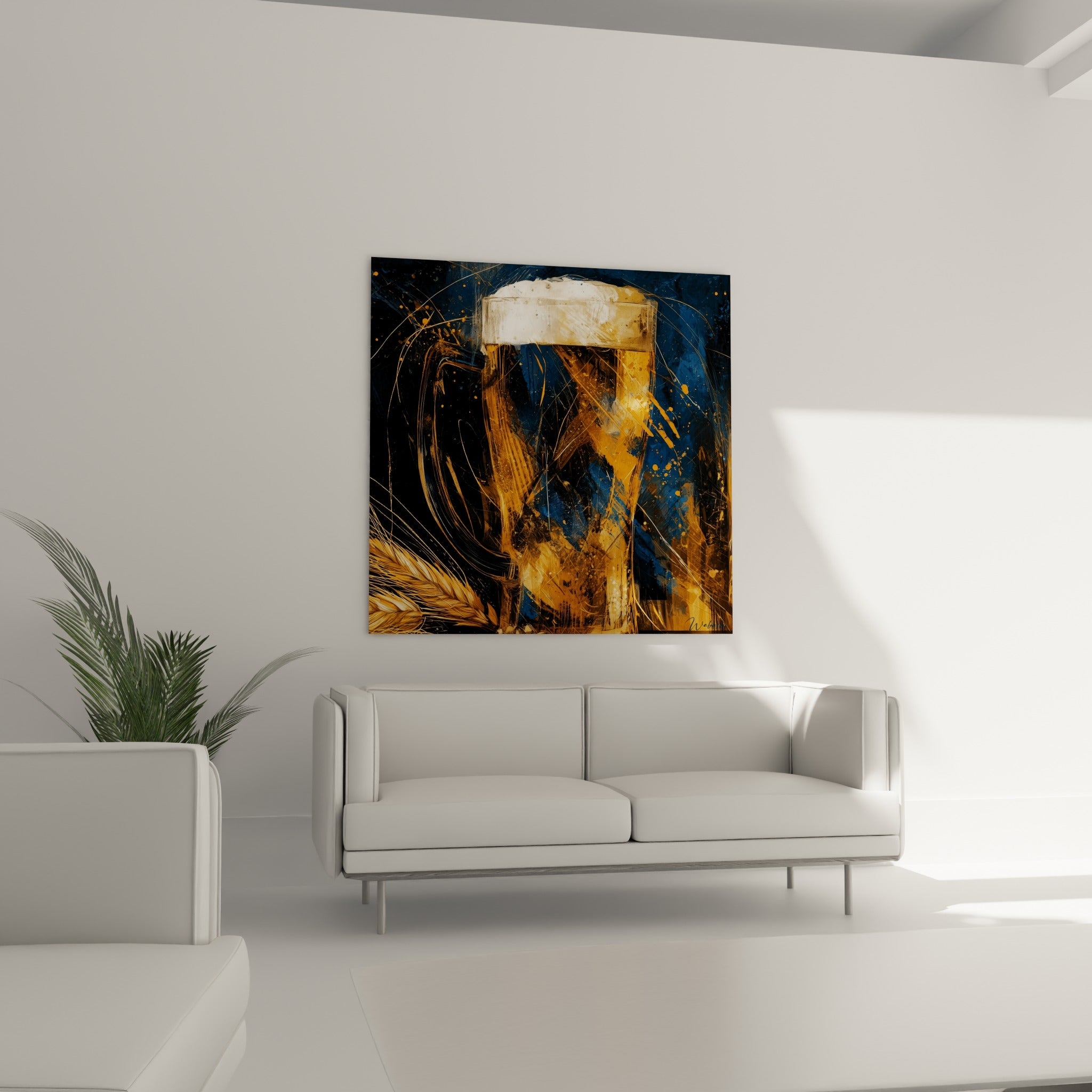 Mousse blanche et traits dorés d'une chope de bière au-dessus d'un canapé dans un salon lumineux