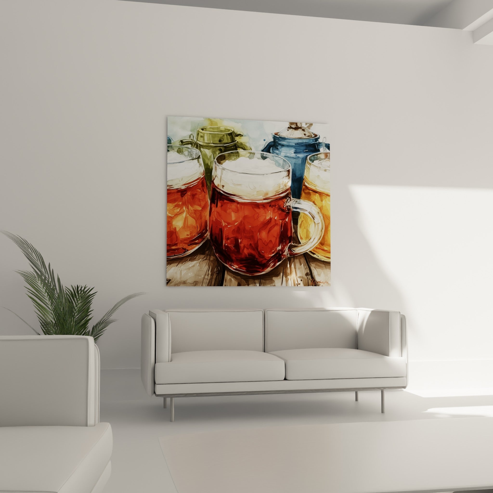 Mousse blanche débordante sur bière cuivrée et dorée accrochée au-dessus d'un canapé dans un salon lumineux