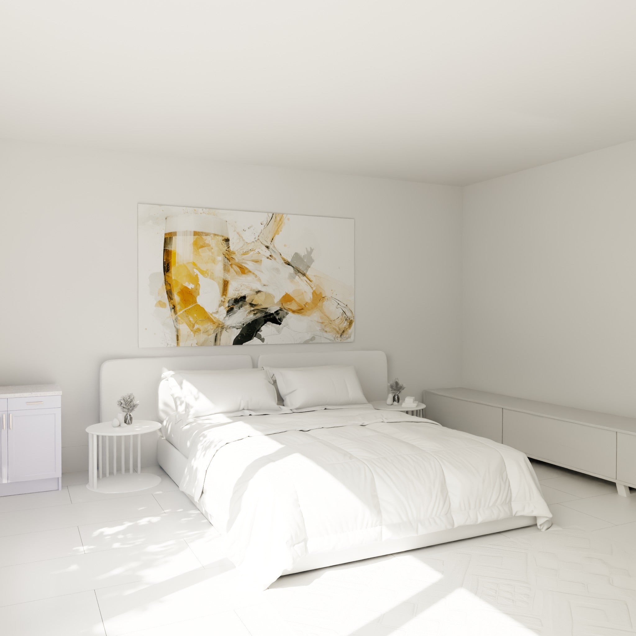 Flûte de bière dorée aux touches noires, œuvre abstraite au-dessus d'un lit dans une chambre claire
