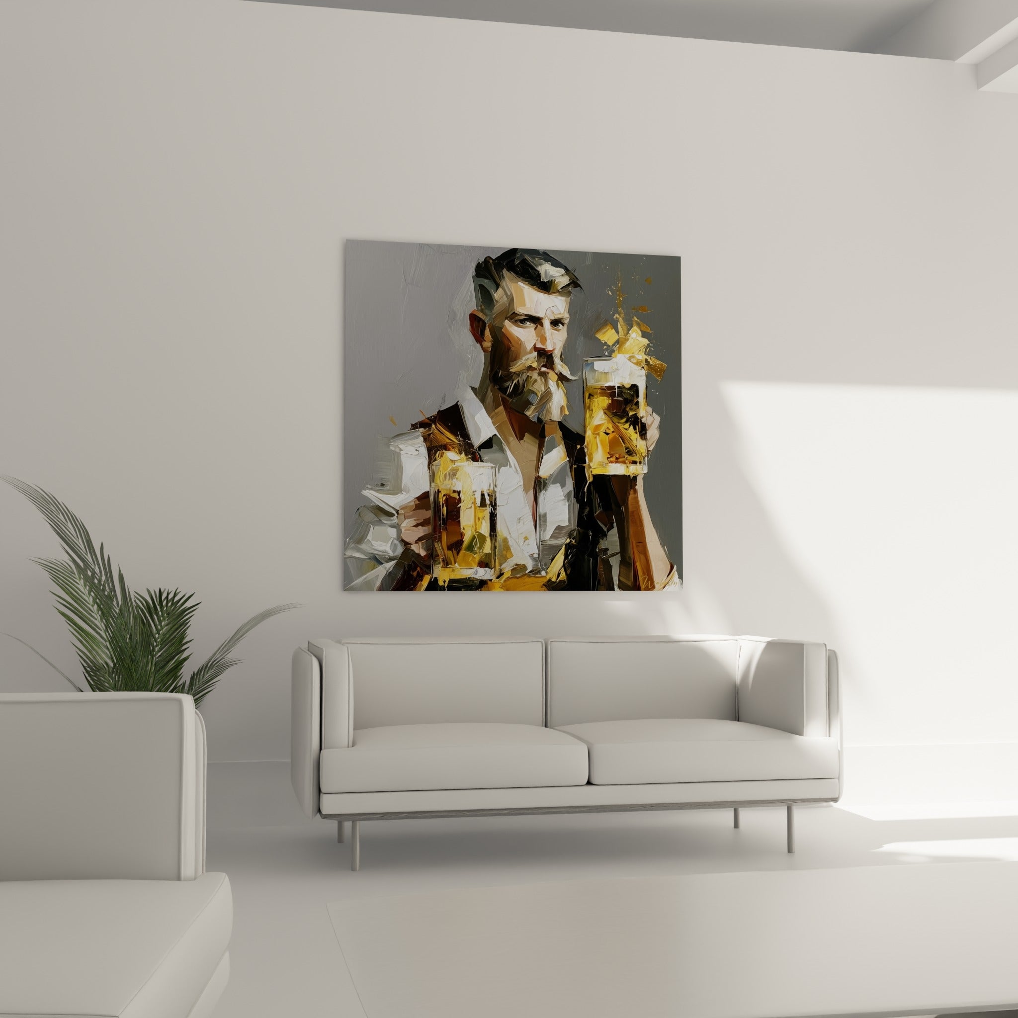 Homme au regard vif brandissant deux bières ambrées, au-dessus d'un canapé dans un salon lumineux