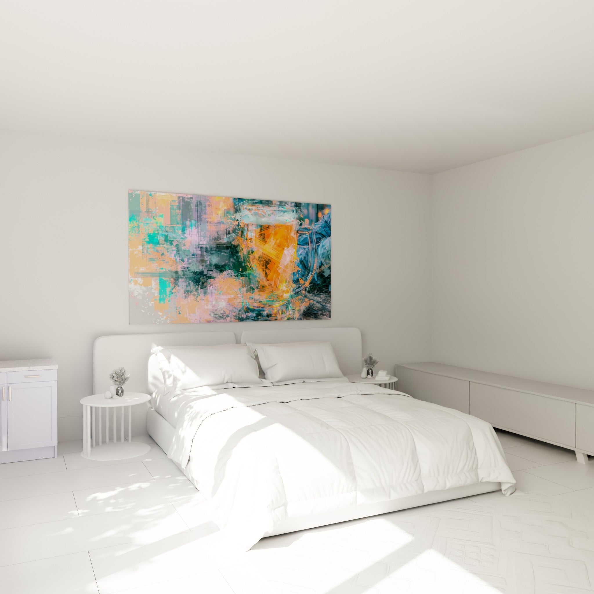 Verre débordant de mousse aux nuances orange et anthracite accroché au-dessus d'un lit dans une chambre claire
