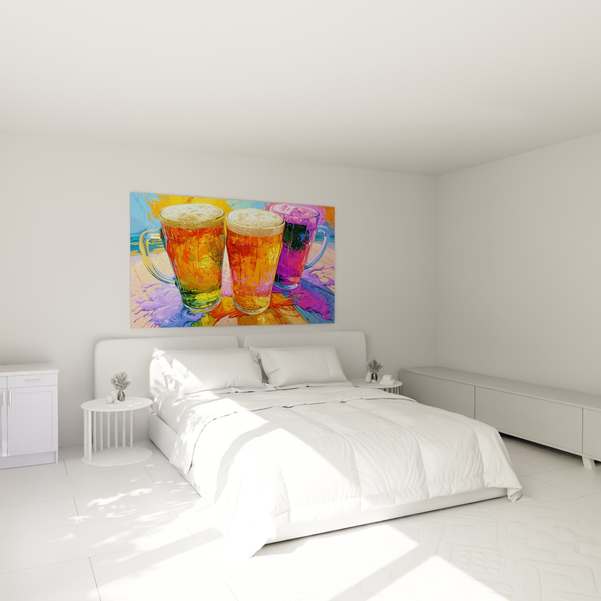 Chopes de bière orange et violettes à la mousse abondante, accrochées au-dessus d'un lit dans une chambre claire