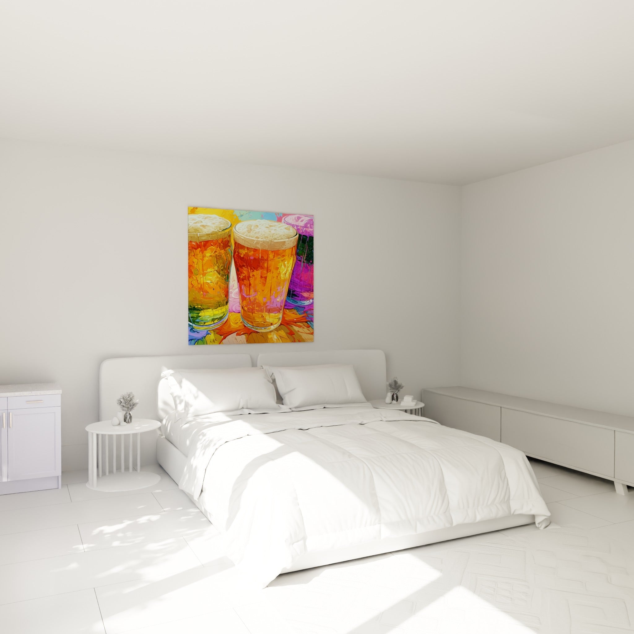 Verres de bière ambrés et violets à la mousse débordante, accrochés au-dessus d'un lit dans une chambre claire