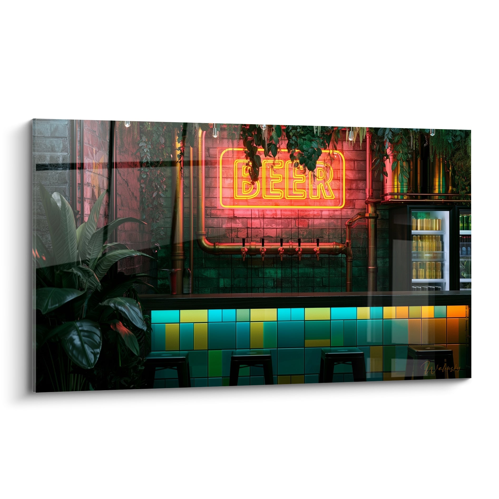 Enseigne bière rouge néon et carrelage turquoise sur mur de brique anthracite
