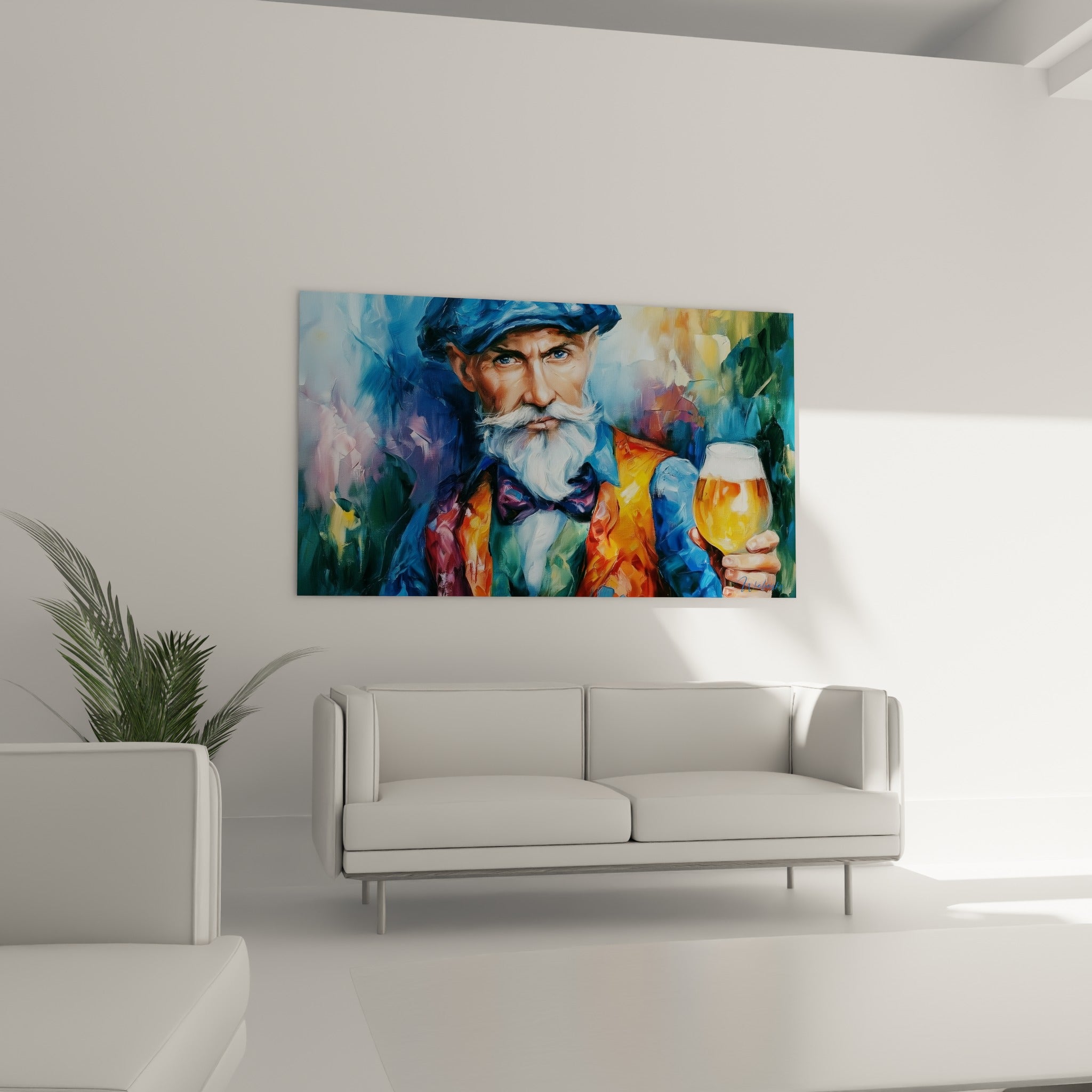 Portrait expressif d'un brasseur en gilet orange et nœud papillon violet, au-dessus d'un canapé dans un salon lumineux