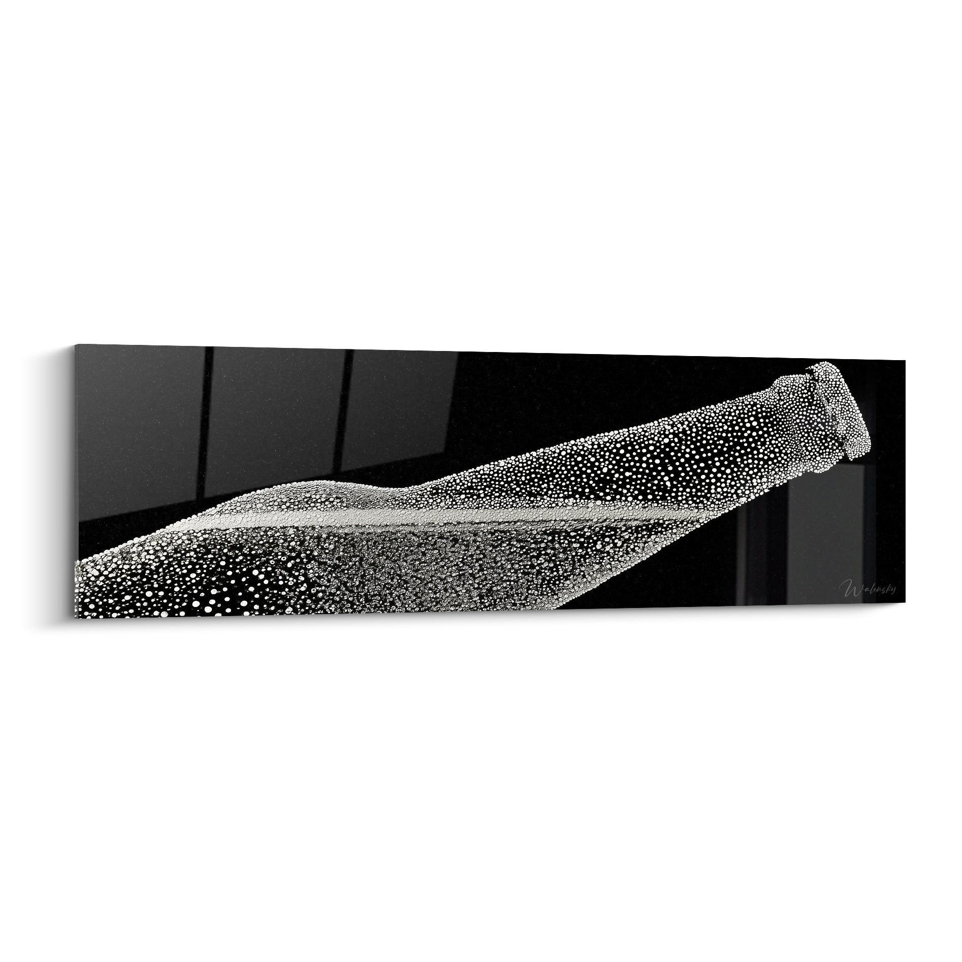 Bouteille de bière noire et blanche couverte de gouttelettes glacées, inclinée en diagonale