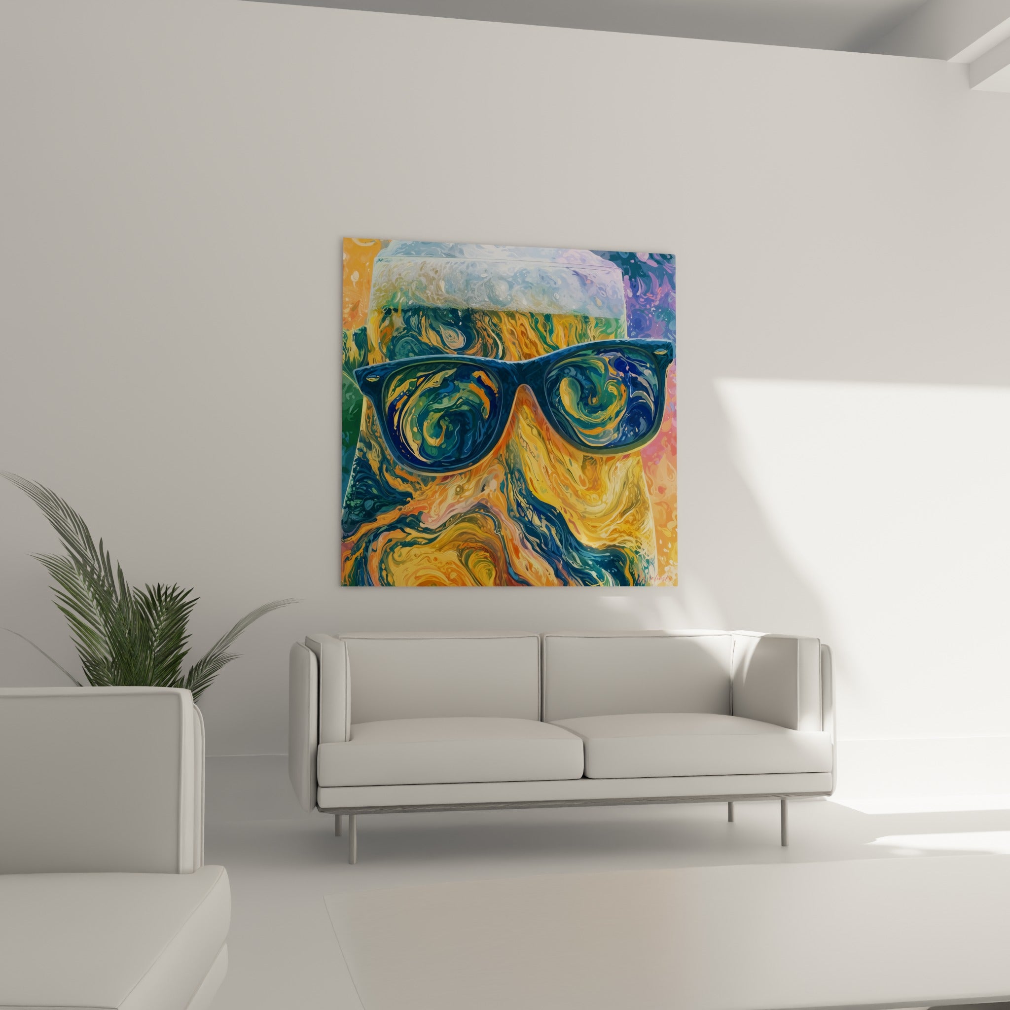 Motifs ocre et bleu marine d'une chope de bière stylisée au-dessus d'un canapé dans un salon lumineux