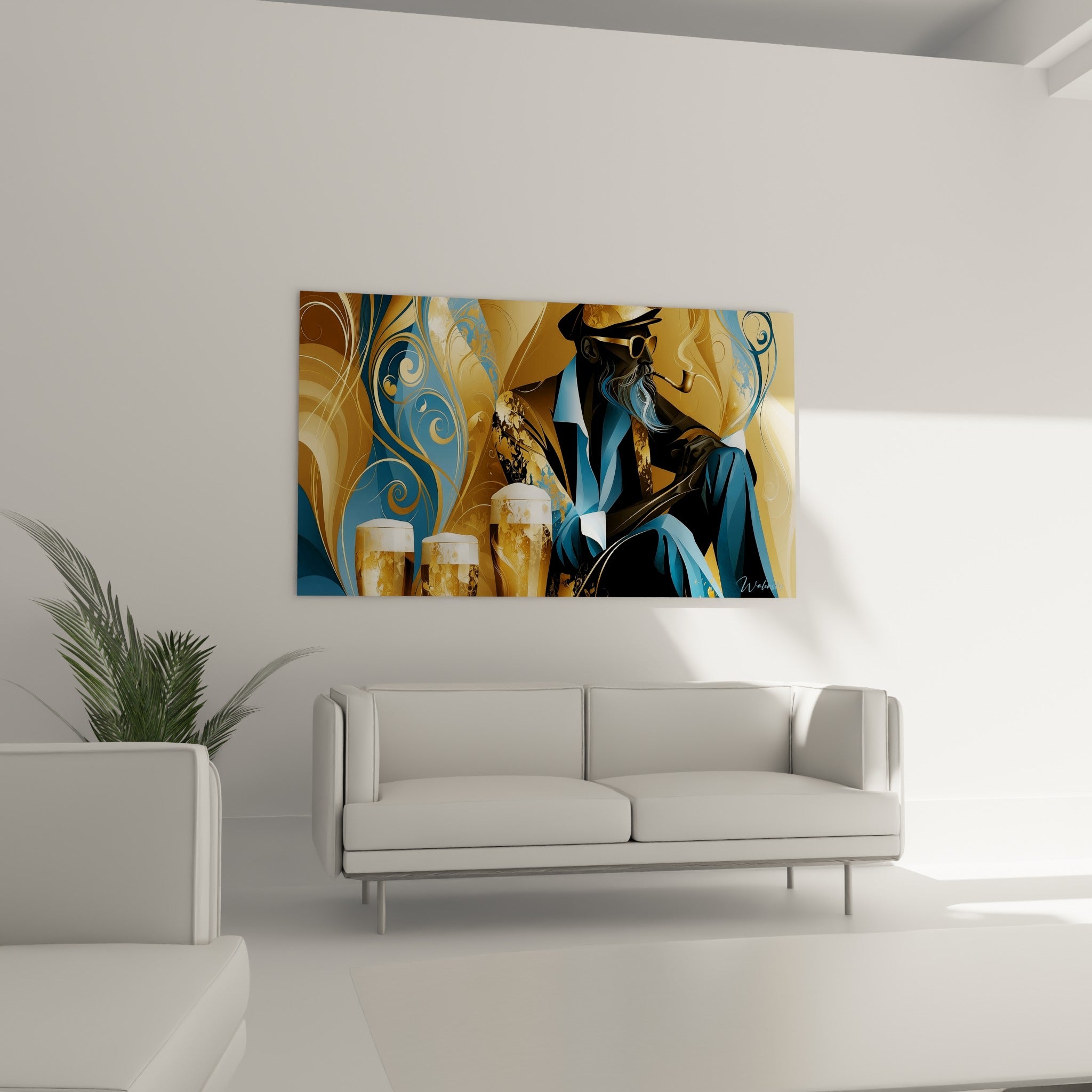 Figure au chapeau du tableau Bière doré et bleu pétrole, positionnée au-dessus d'un canapé dans un salon lumineux