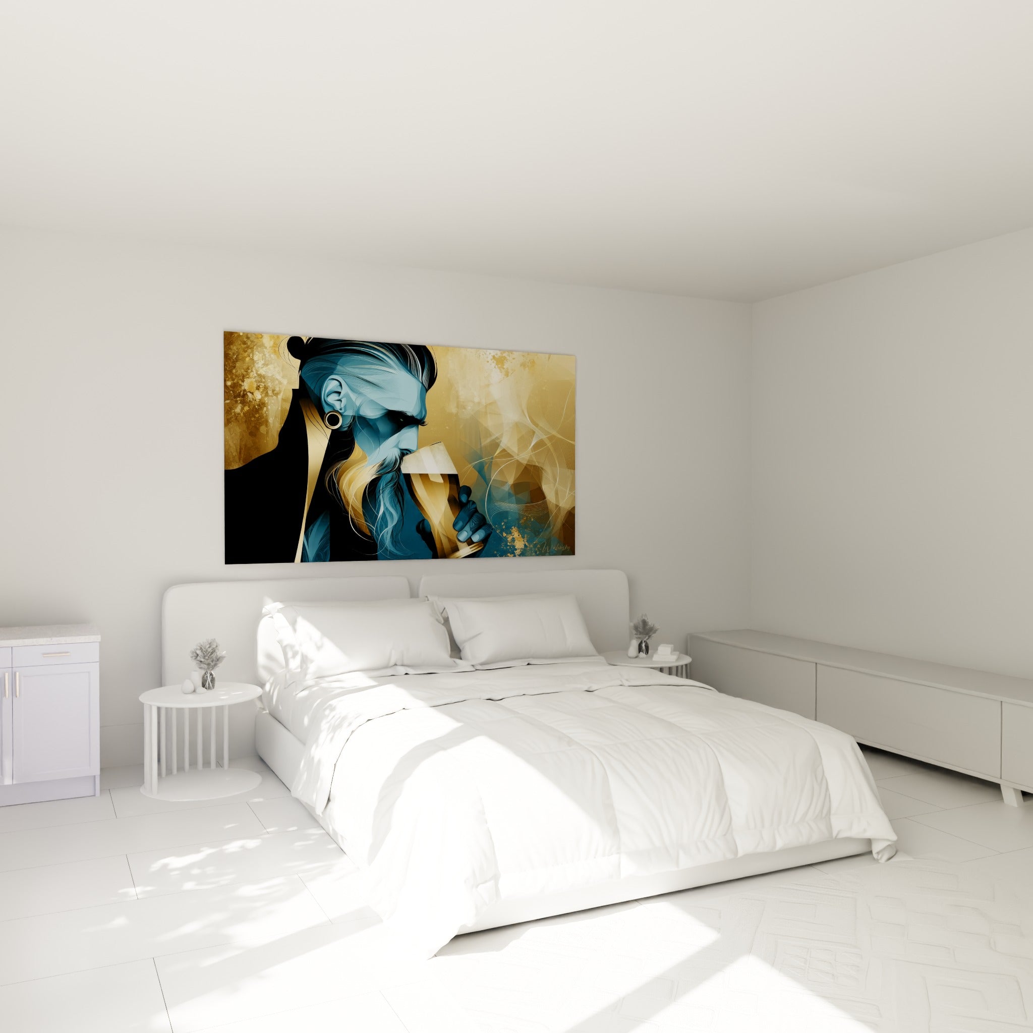 Personnage bleu et or buvant une pinte ambrée au-dessus d'un lit dans une chambre claire