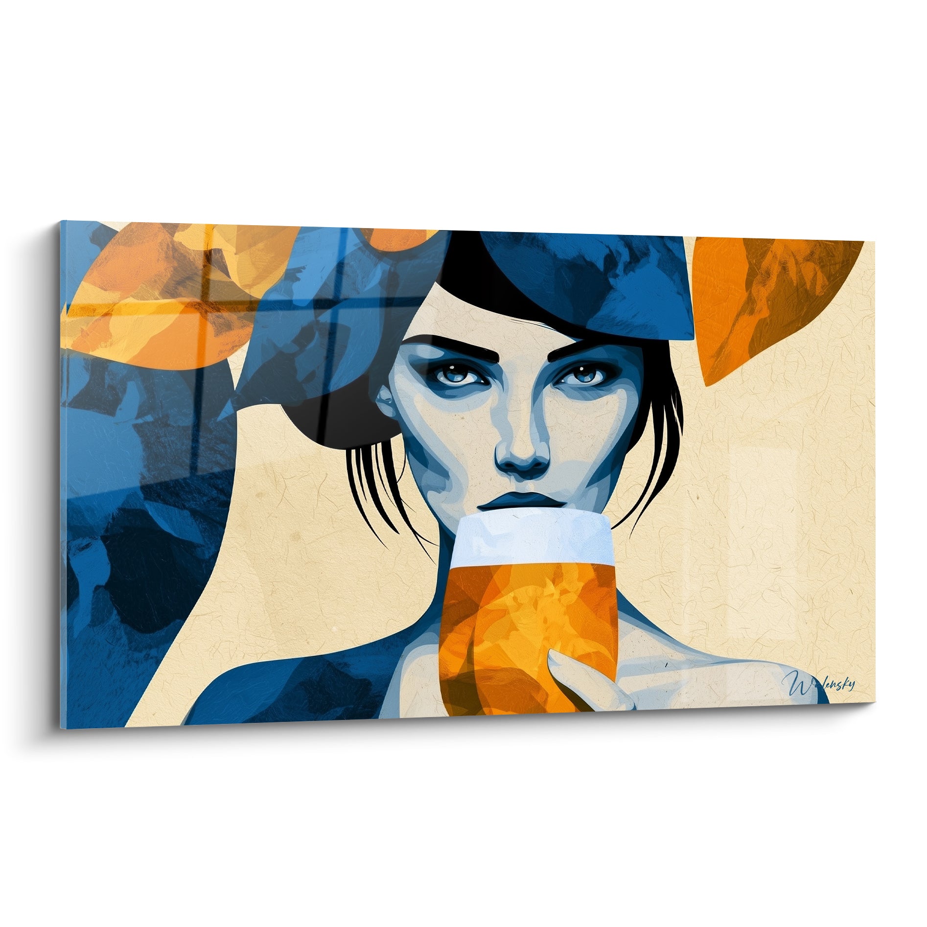 Femme au regard intense tenant un verre de bière ambré, portrait bleu marine et orange stylisé