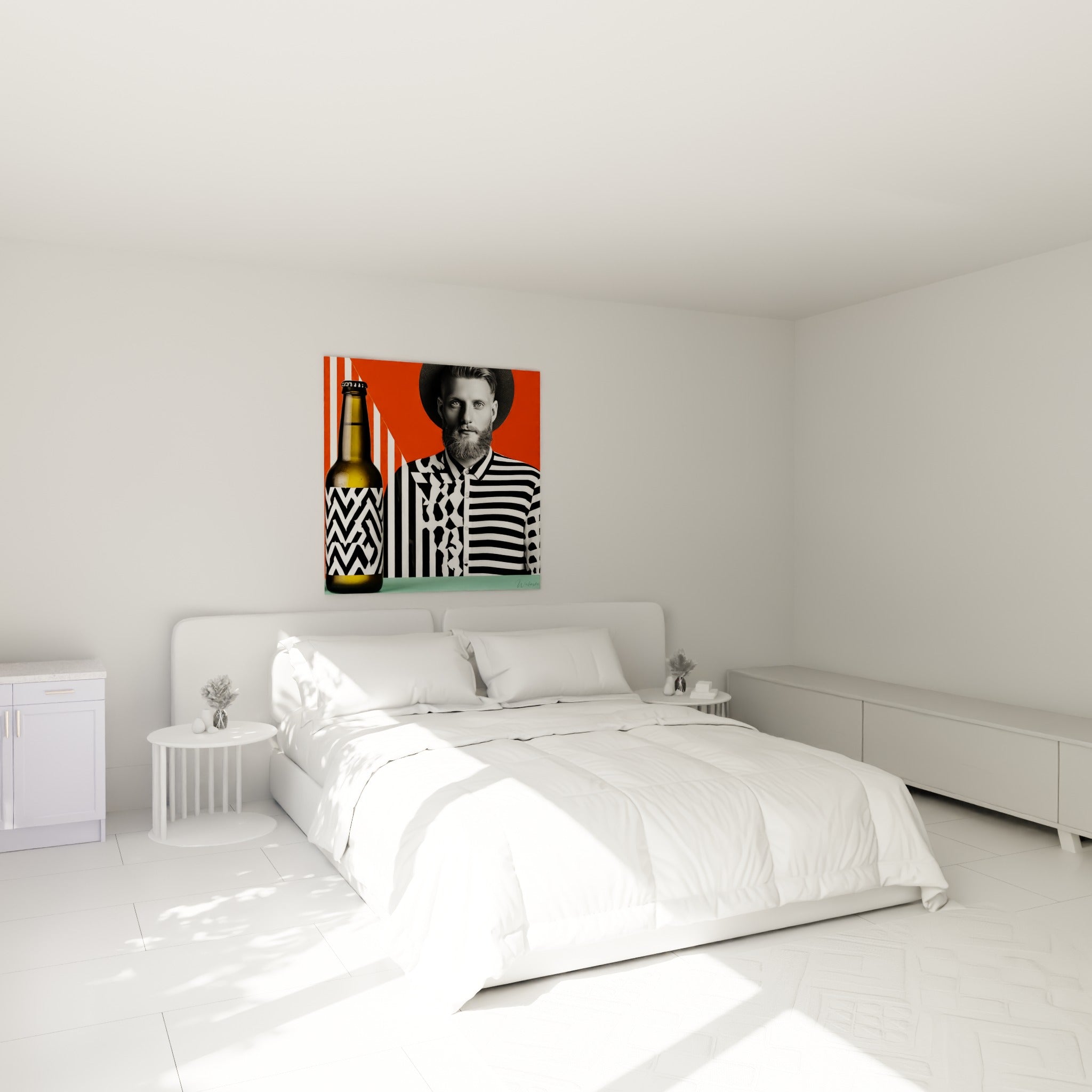 Portrait bière orange et noir accroché au-dessus d'un lit dans une chambre claire