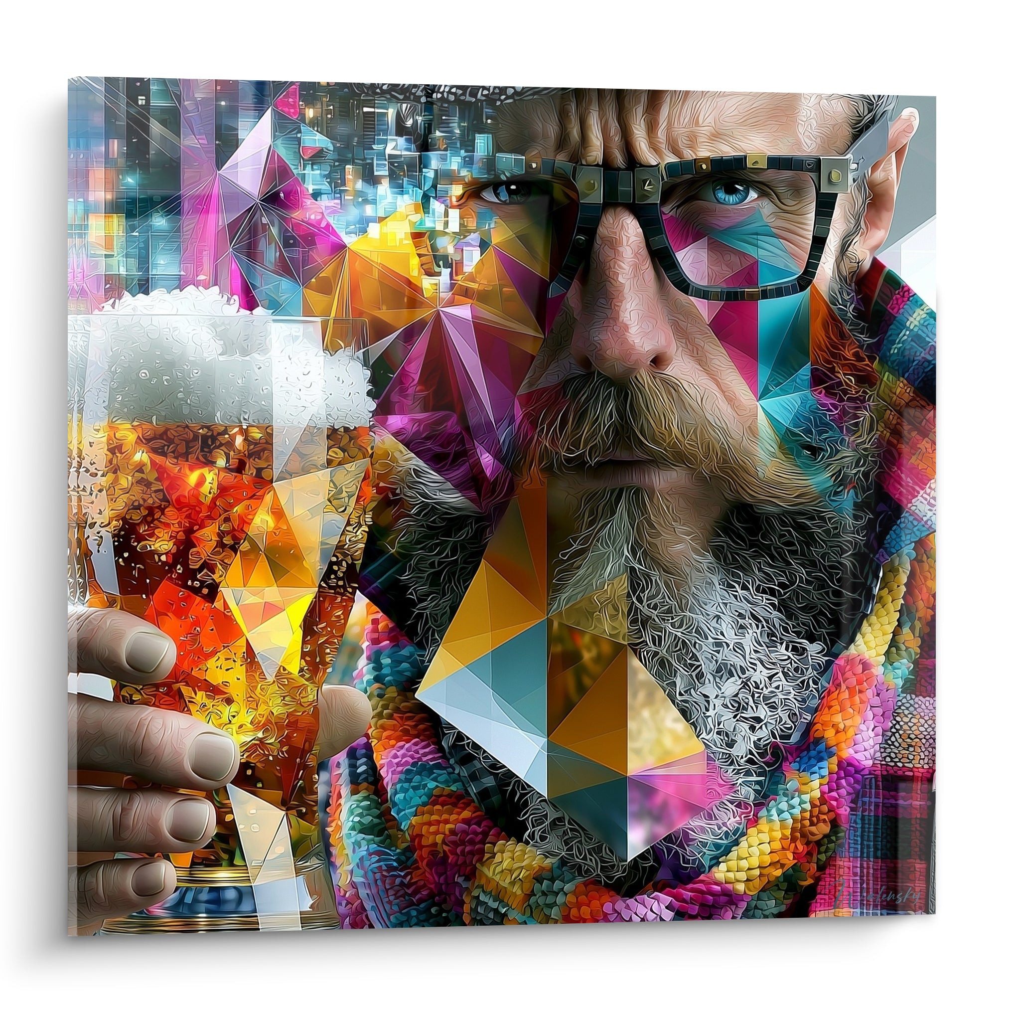 Barbu aux lunettes, visage fragmenté doré et rose, tenant une bière ambrée mousseuse