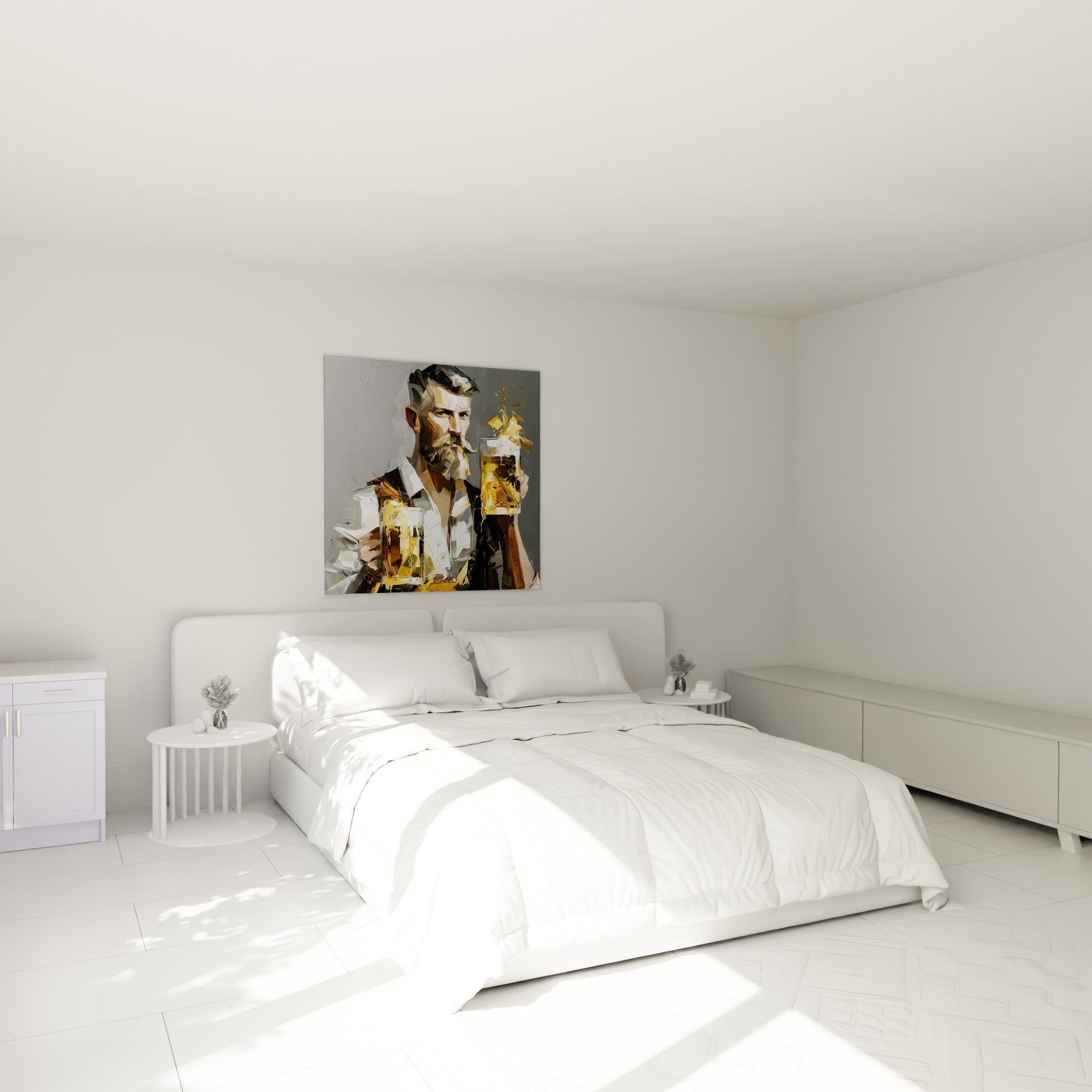 Personnage moustachu aux chopes dorées et chemise blanche, au-dessus d'un lit dans une chambre claire