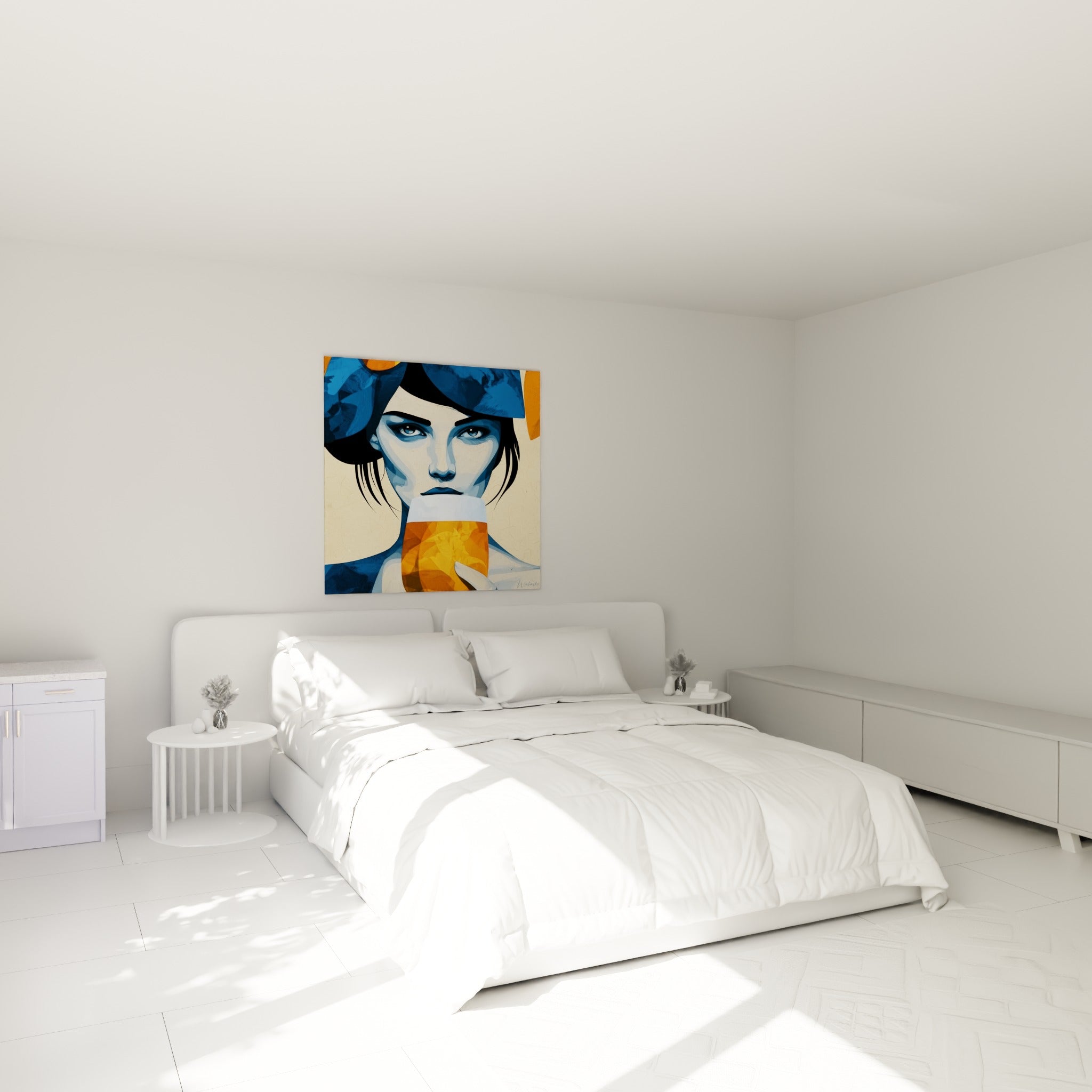 Portrait stylisé bleu et orange d'une femme buvant une bière au-dessus d'un lit dans une chambre claire