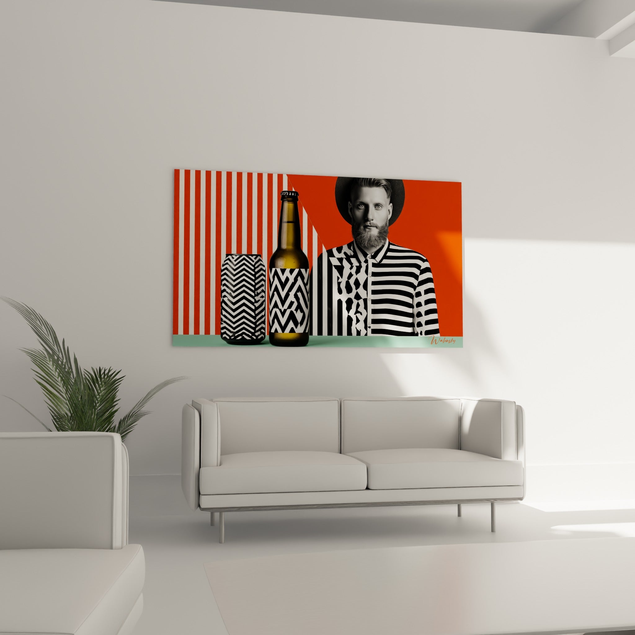 Portrait rayé orange et noir surplombant un canapé dans un salon lumineux
