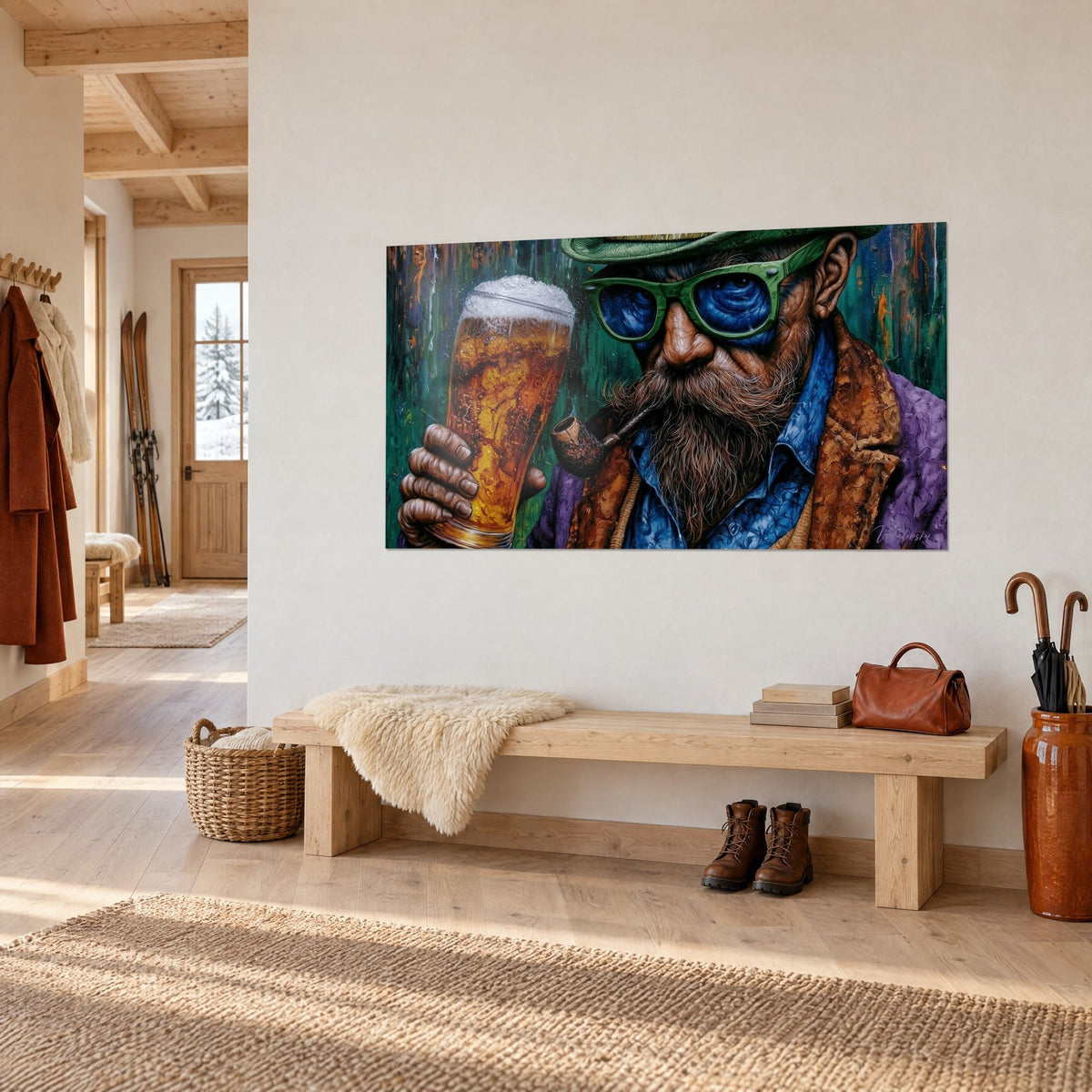 Gemälde eines Pfeifenrauchers mit blauen Gläsern und grünem Hut, bernsteinfarbenes Bier in der Hand, an einer cremefarbenen Wand über einer Holzbank in einer Almhütte