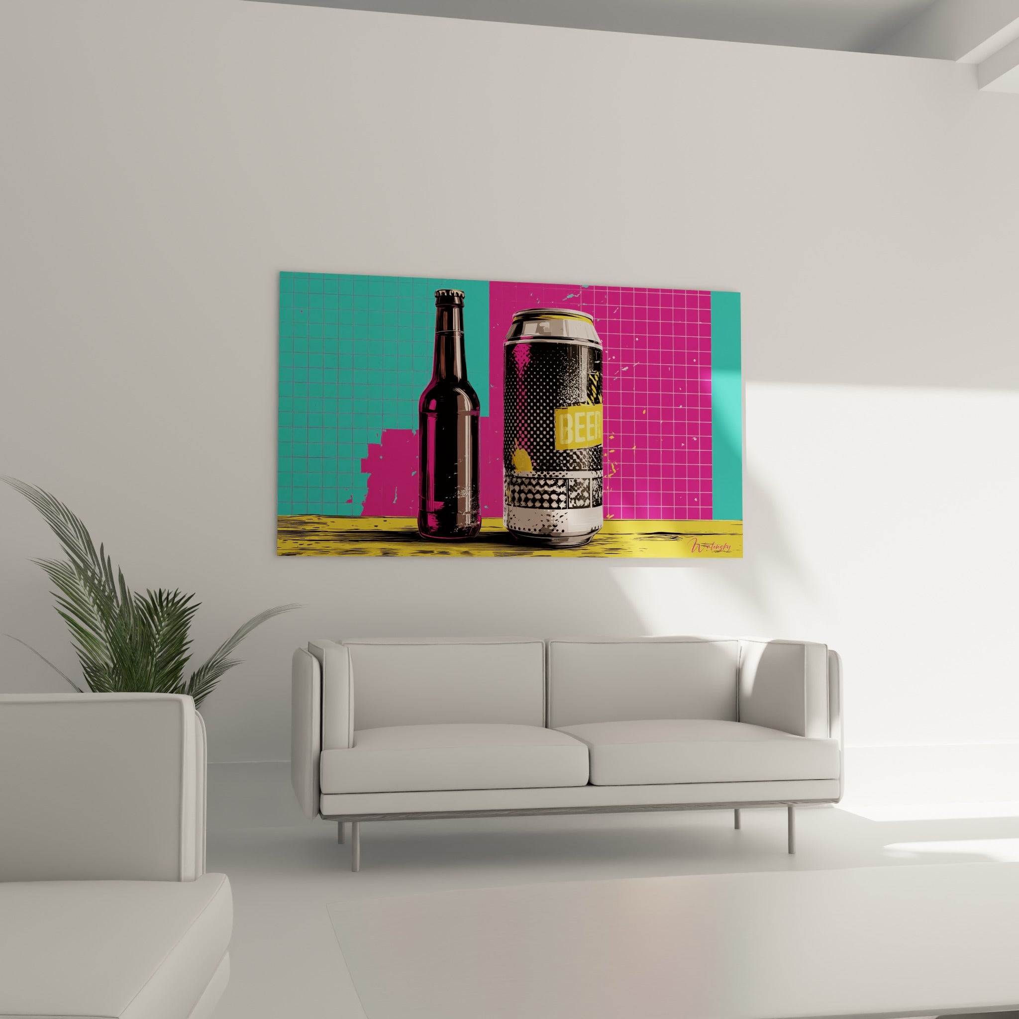 Composition pop art rose et turquoise autour d'une bouteille et canette bière au-dessus d'un canapé dans un salon lumineux