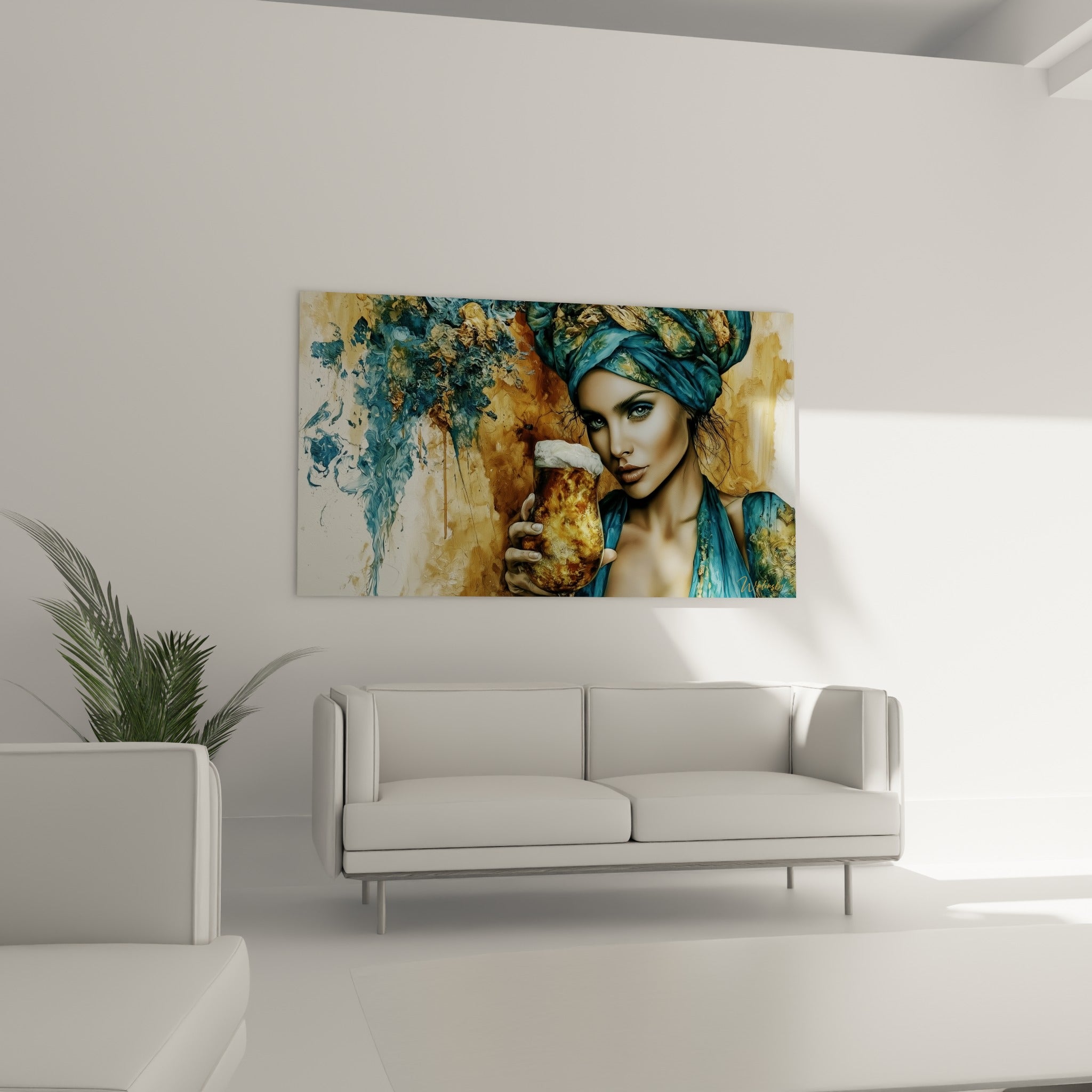 Regard intense d'une femme en turban ocre et bleu avec verre de bière au-dessus d'un canapé dans un salon lumineux