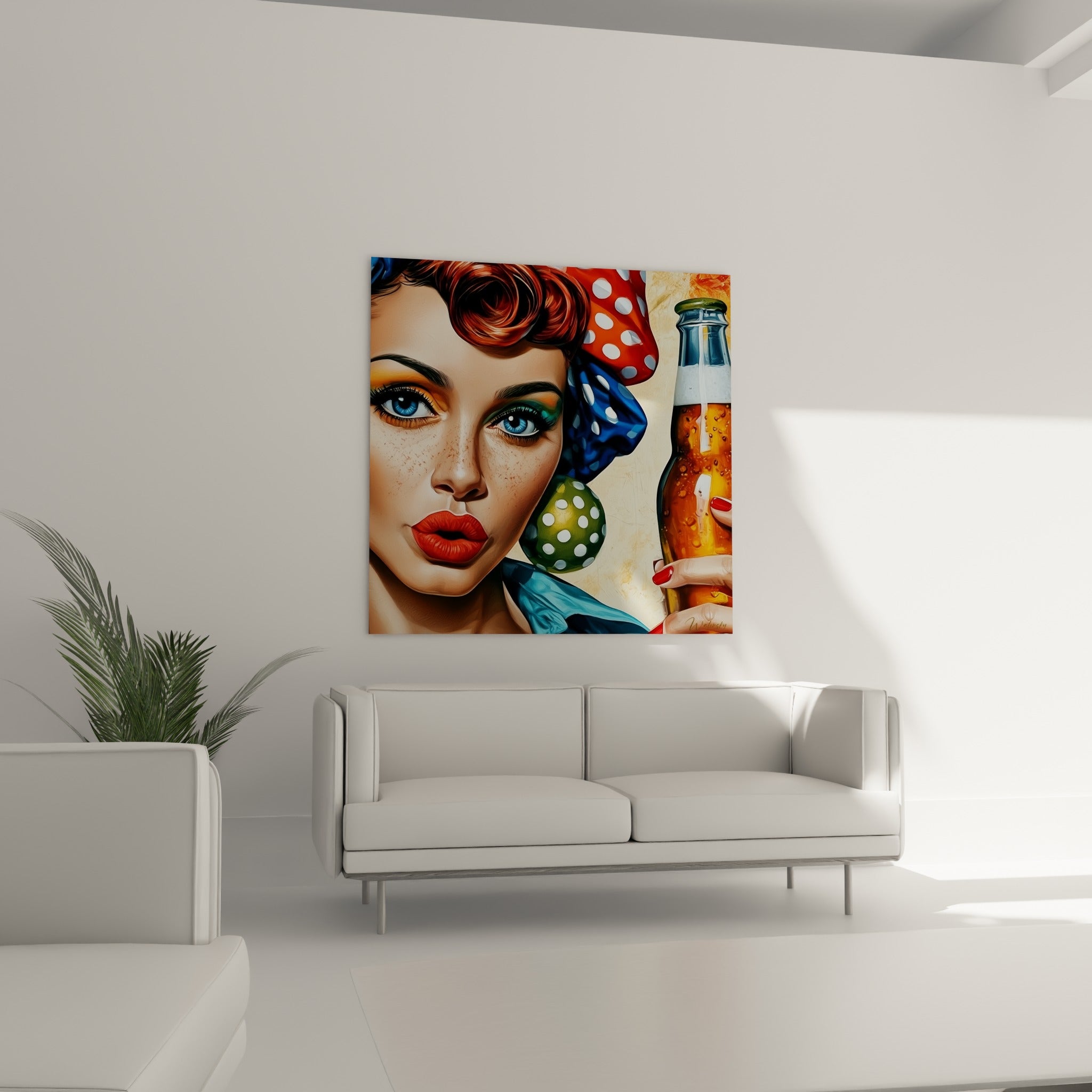 Femme au regard bleu et bouteille dorée, tableau bière suspendu au-dessus d'un canapé dans un salon lumineux