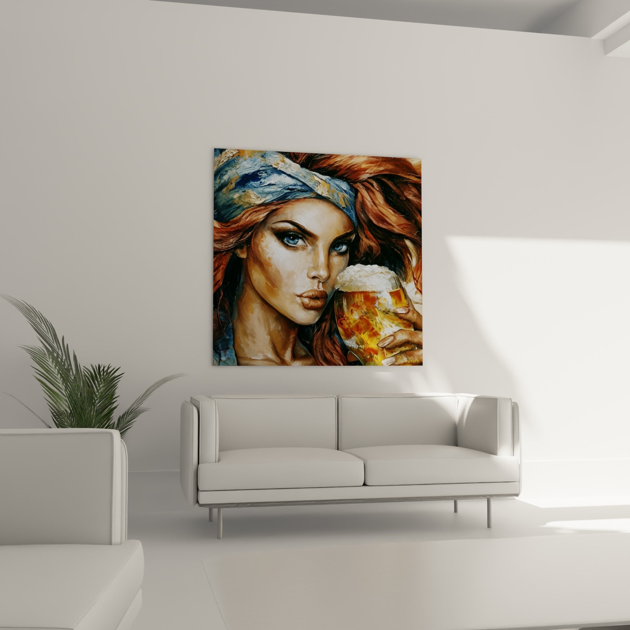 Regard bleu intense et verre de bière doré peints au couteau au-dessus d'un canapé dans un salon lumineux