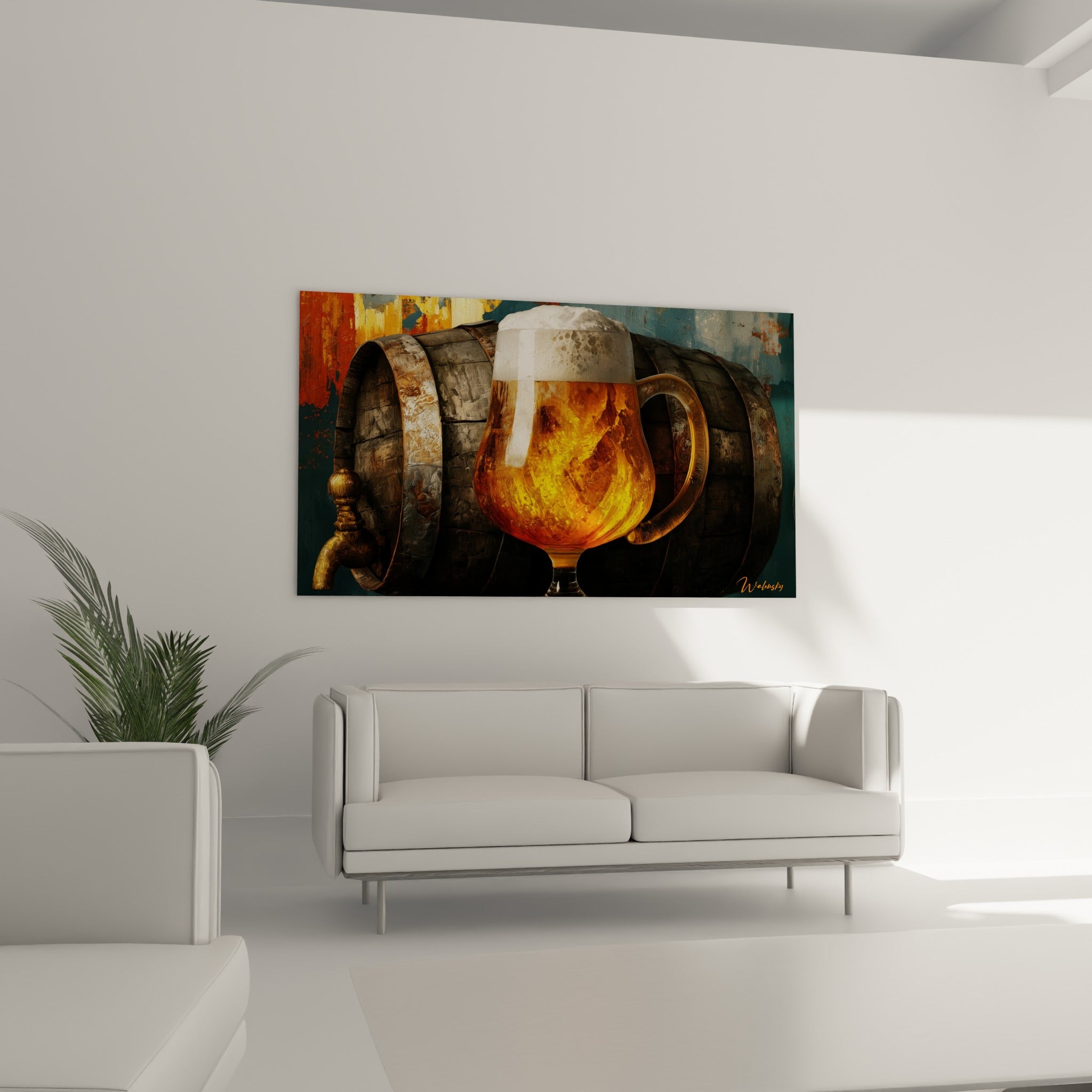 Robinet doré et cerclages métalliques du tonneau, tableau bière accroché au-dessus d'un canapé dans un salon lumineux