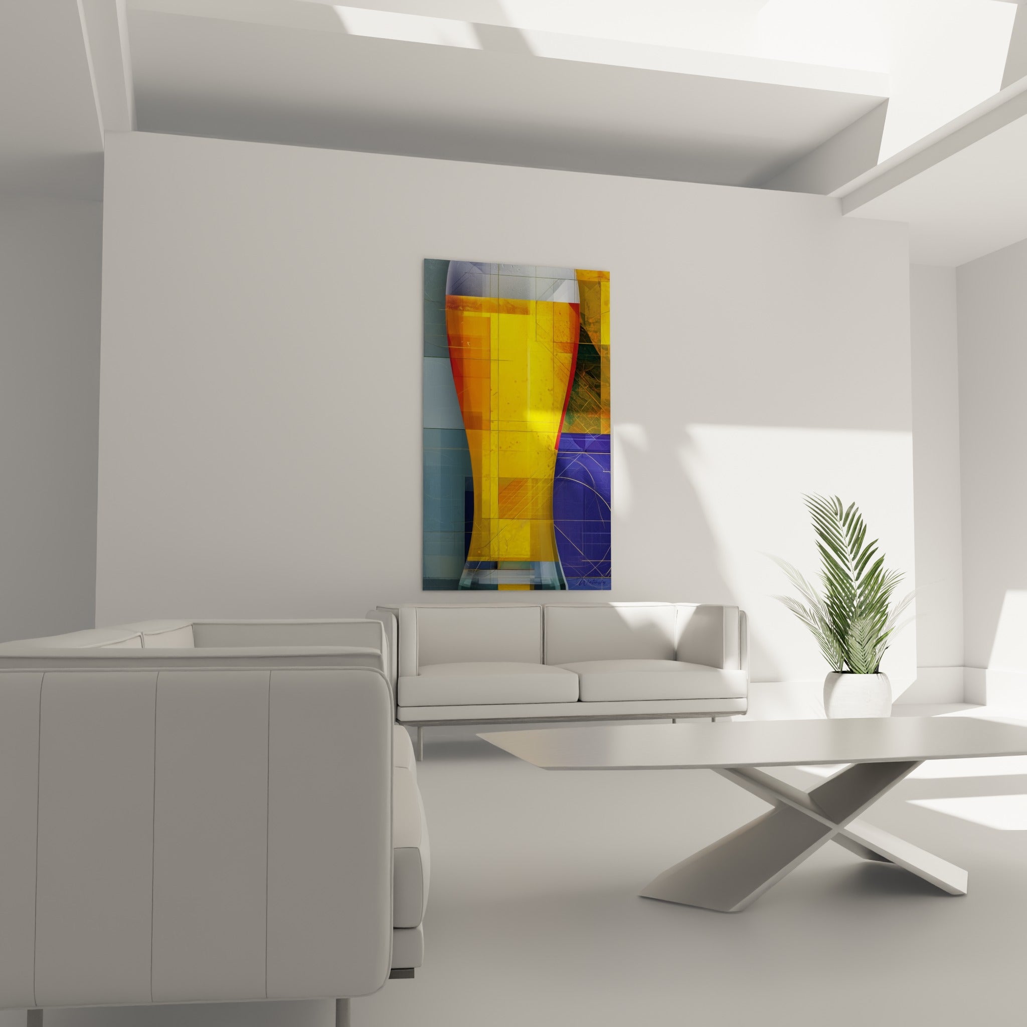Éclats dorés et rouges du tableau bière géométrique au-dessus d'un canapé dans un salon lumineux