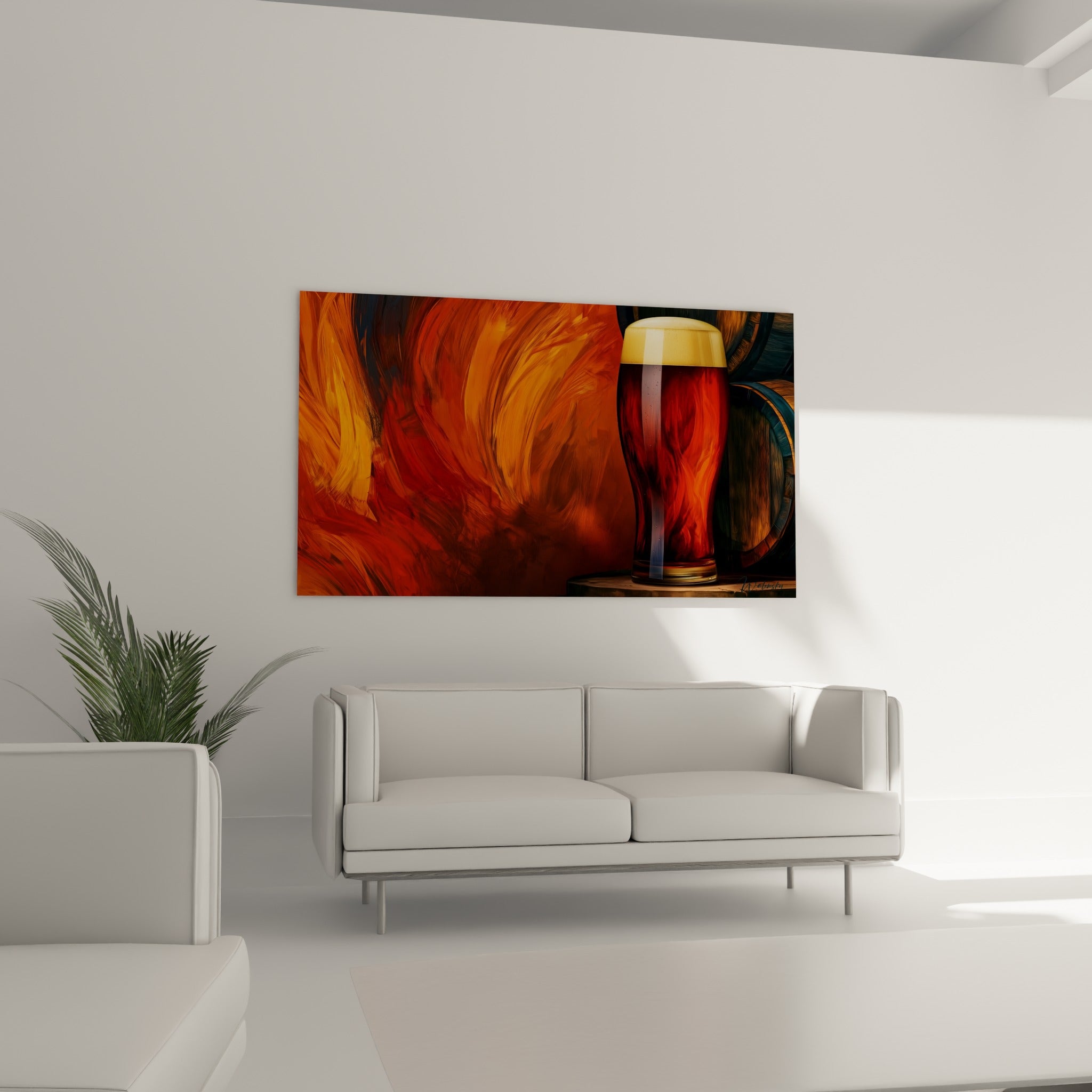 Pinte de bière dorée et flammes tourbillonnantes au-dessus d'un canapé dans un salon lumineux