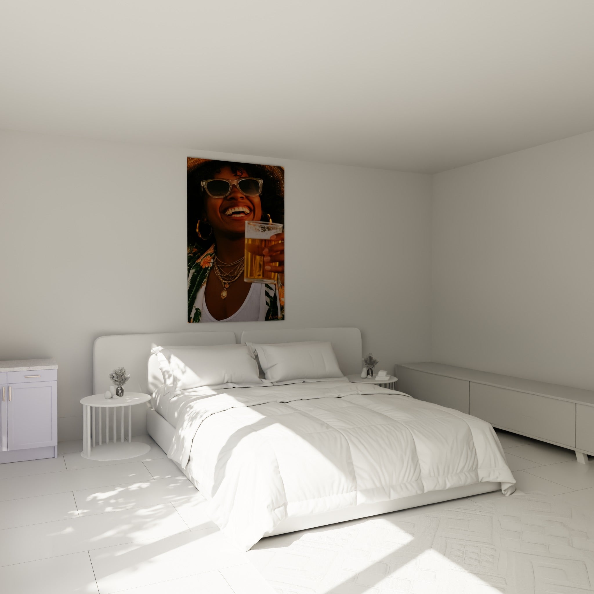 Portrait joyeux du tableau Bière aux tons dorés et verts, accroché au-dessus d'un lit dans une chambre claire