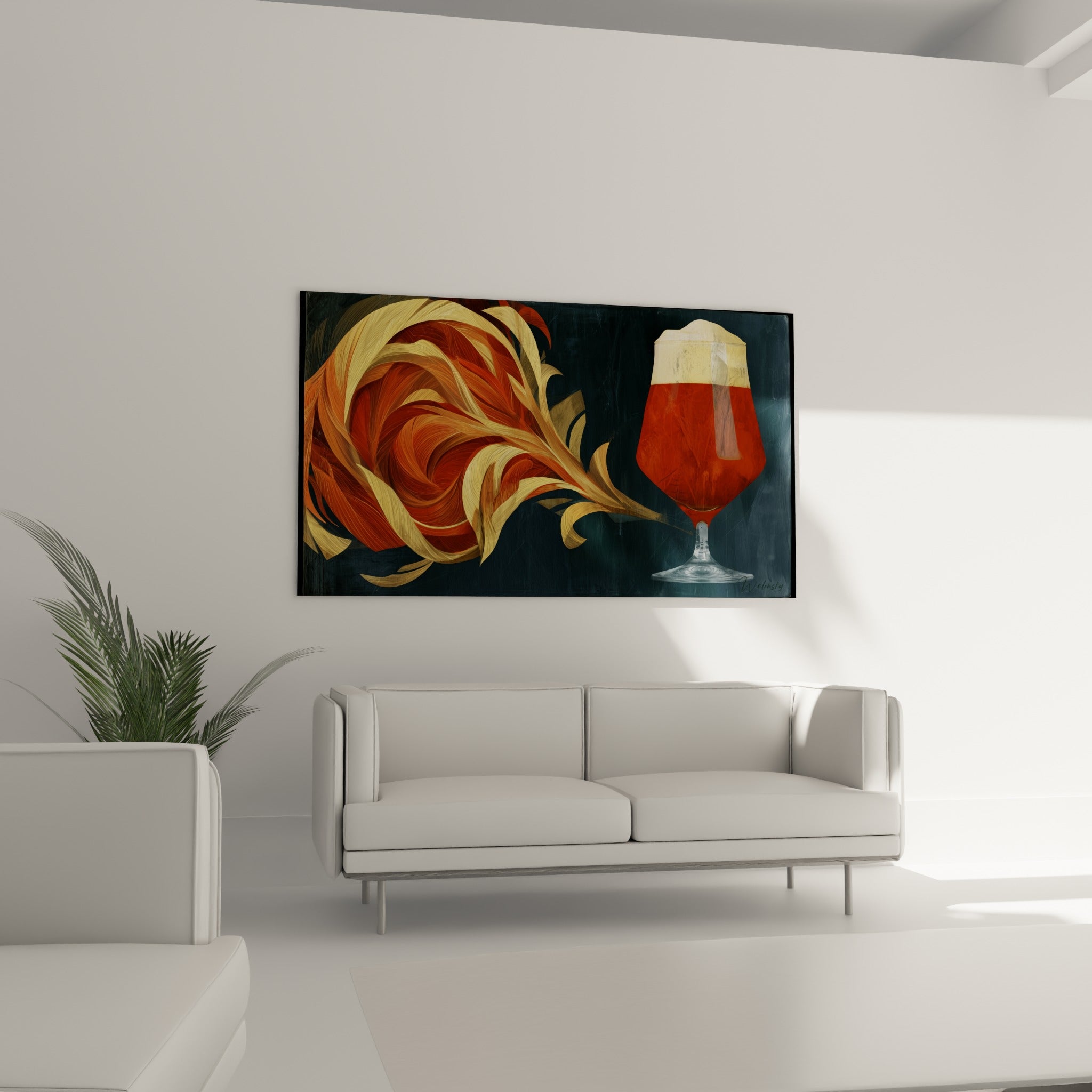 Composition bière ambrée et volutes terracotta au-dessus d'un canapé dans un salon lumineux